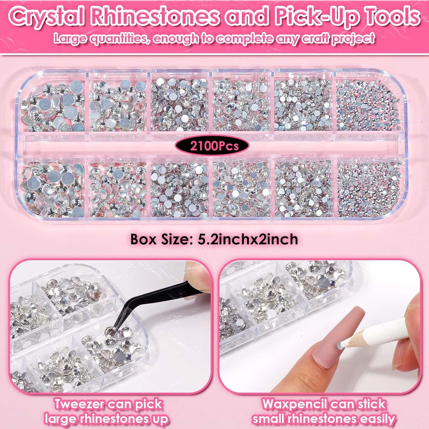 2100Pcs Flat Back Glass Rhinestones with Tweezers and Glue - Clear