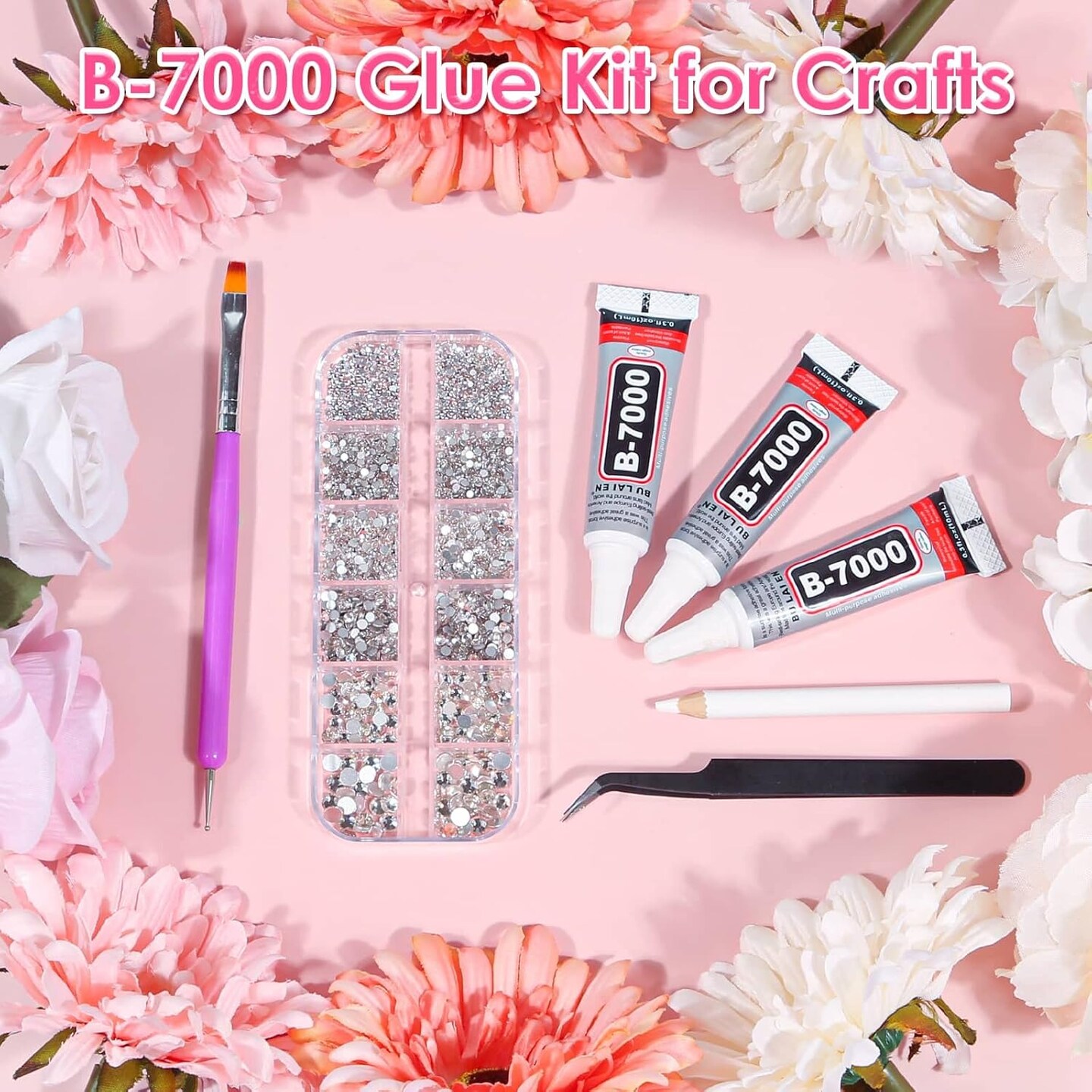 2100Pcs Flat Back Glass Rhinestones with Tweezers and Glue - Clear