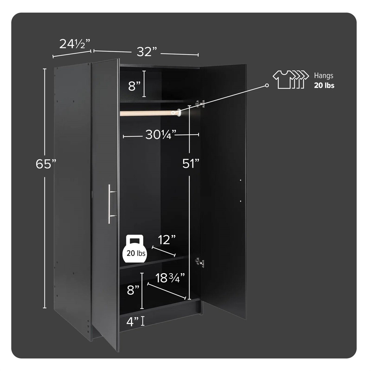 65-Inch Freestanding Tall Cabinet with Clothing Rod and Shelves for Bedroom or Kitchen Storage