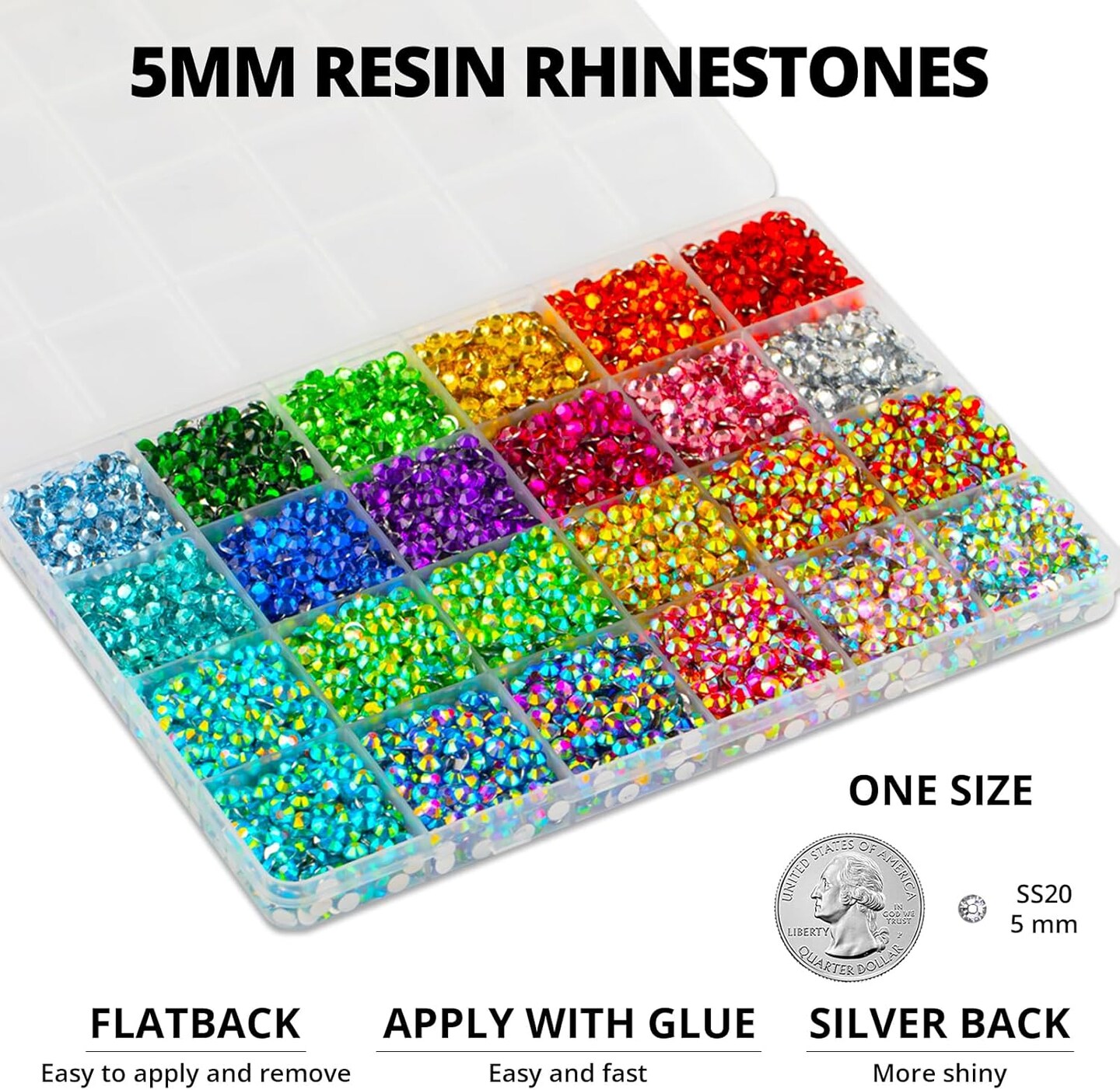 10000Pcs 5mm Flat Back Rhinestones with Glue - Multicolored