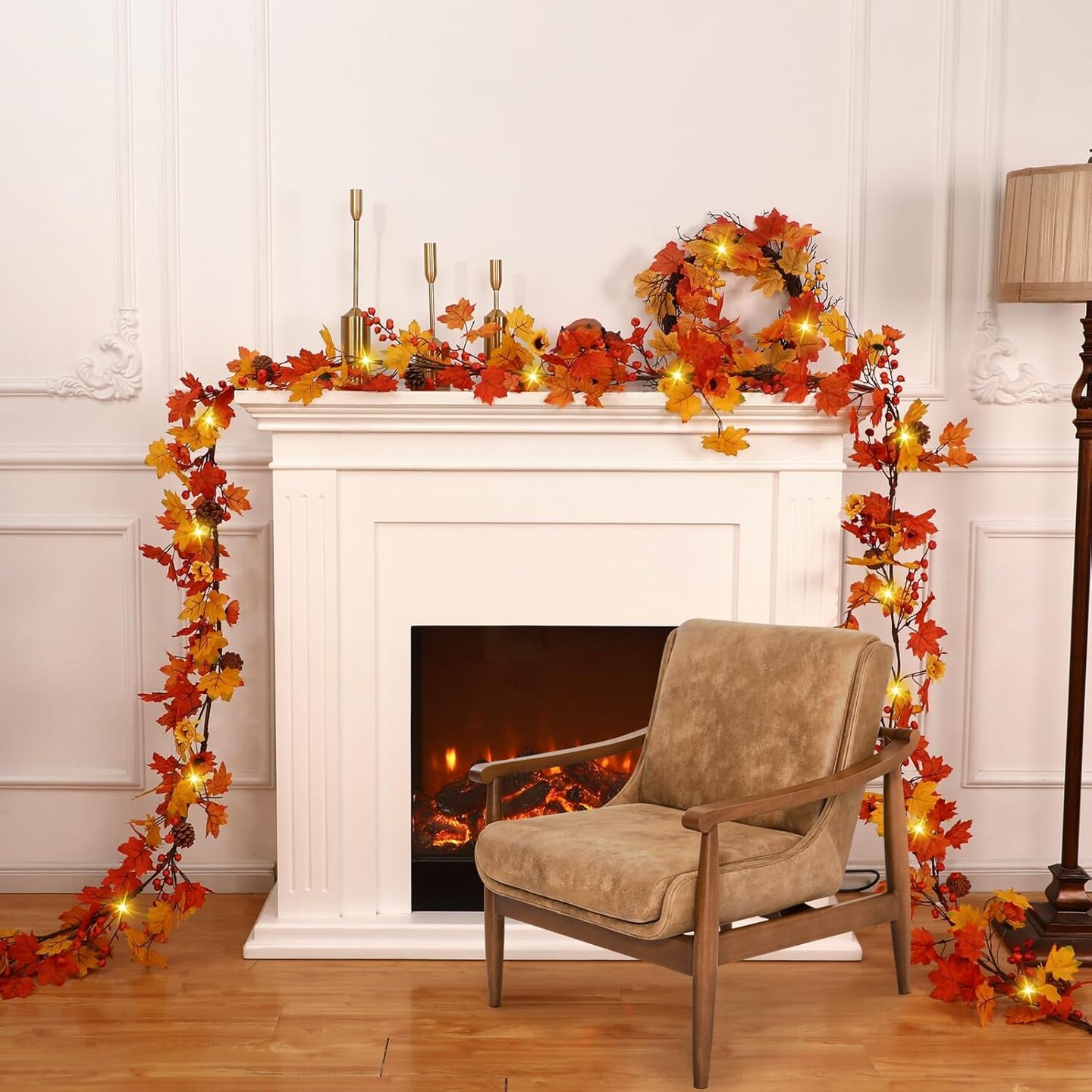 Autumn Garland Maple Leaves with 50 LED Artificial Sunflower Berry Vine