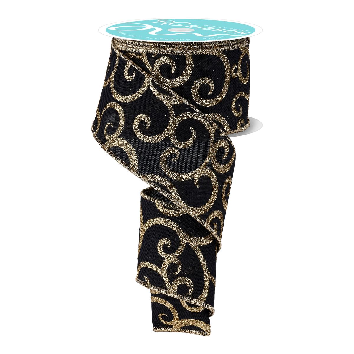 2.5&#x22; Glitter Swirl Ribbon: Black/Gold (10 Yards)