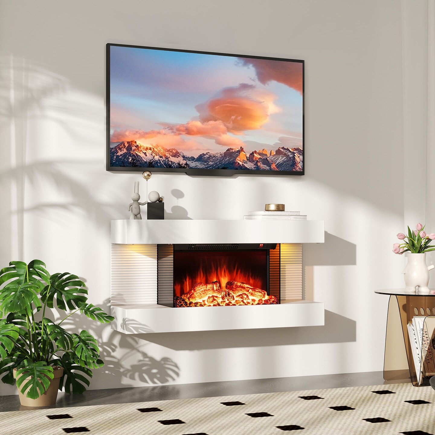 5000 BTU Modern Wall Fireplace with Floating Mantle and LED Flame Colors Remote Control