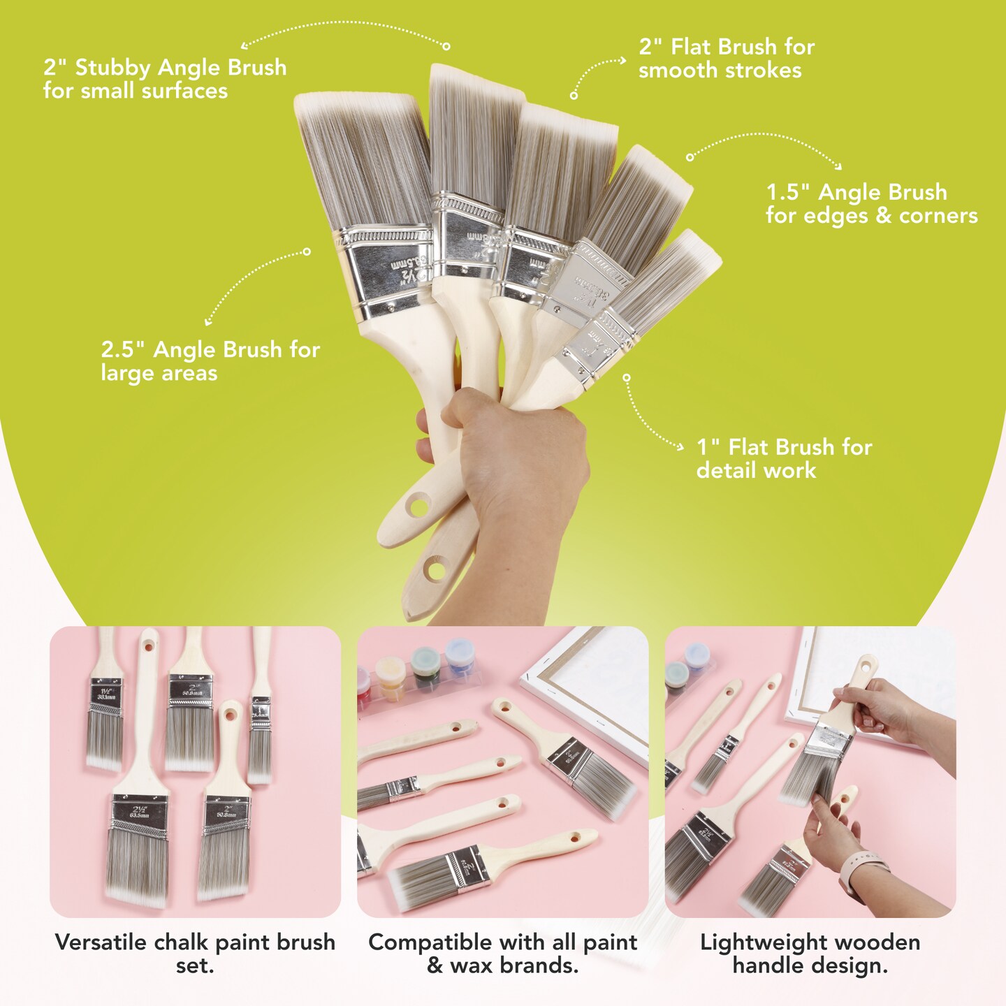 Incraftables Assorted Chalk Paint Brush Set (5pcs). Best Chalk Paint Brushes for Furniture. Wax Brush for Furniture, Chalk Painting, Home Decor &#x26; Wall. Natural Bristle Paint Brush for Kids &#x26; Adults