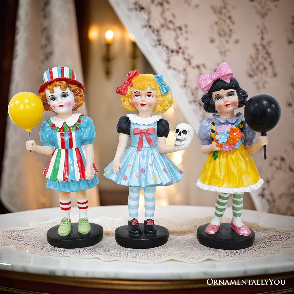 Spooky Victorian Masquerade Girl Trio, 6" Trick or Treat Clown Figurines and Hauntingly Elegant Halloween Decor