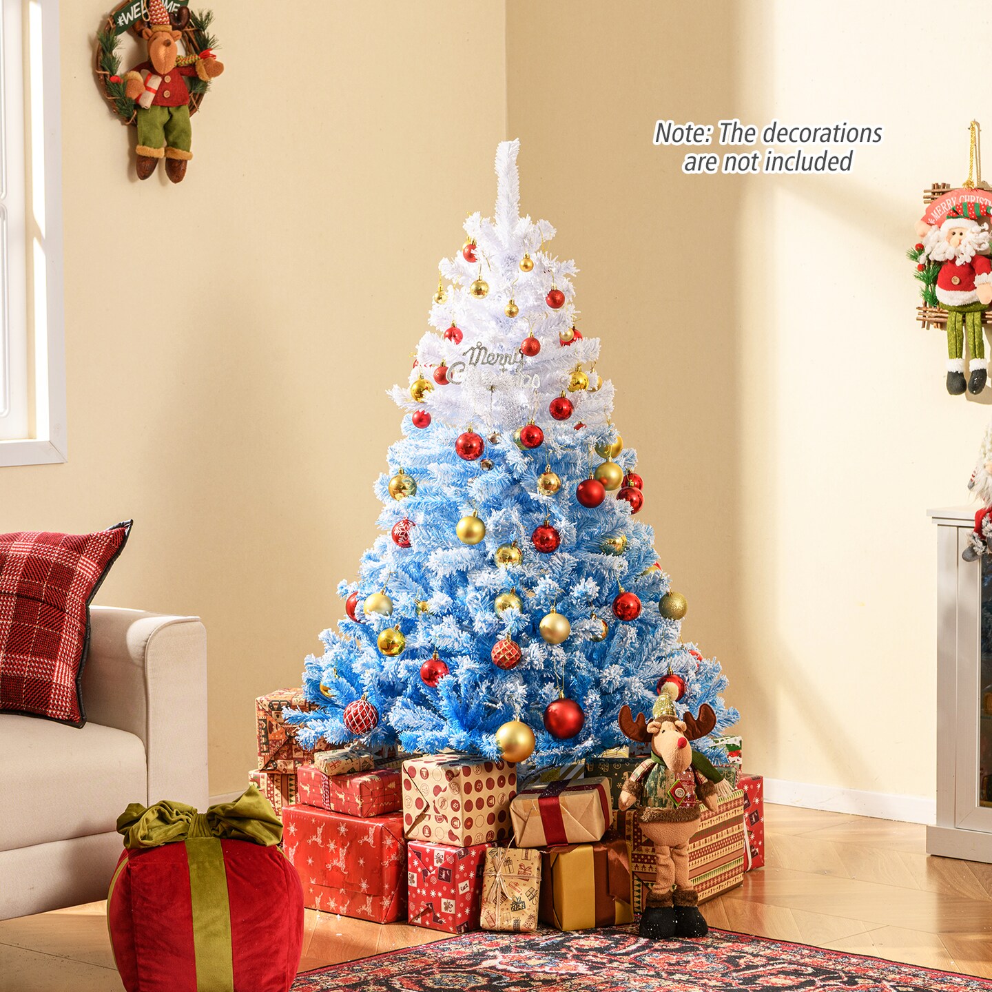 White-Blue PVC Christmas Tree with Flocked Branches and Metal Stand