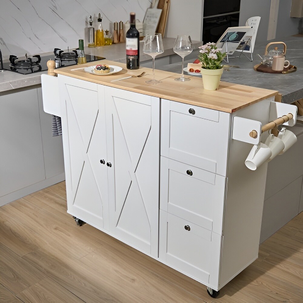 White Solid Wood and MDF Kitchen Island with Drop Leaf and Lockable Wheels