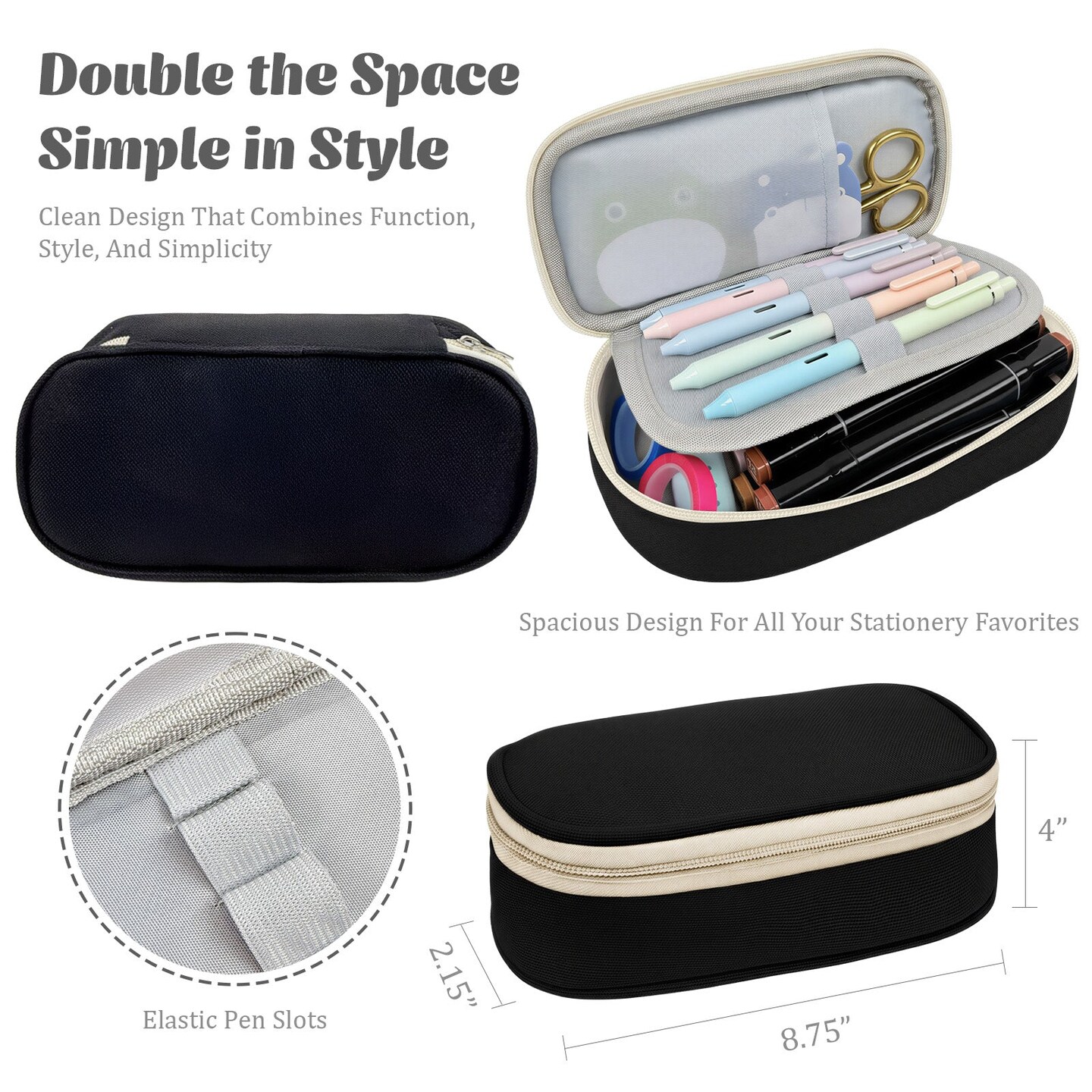 Wrapables Simple Large Capacity Double Compartment Pencil Case, Pencil Pouch for Stationery Tools, Black