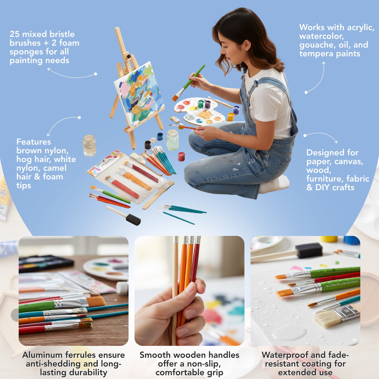 Incraftables Assorted Paint Brushes Set 25pcs. All Purpose Small &#x26; Big Craft Paint Brushes for Acrylic, Oil, Watercolor, Wood, Paper &#x26; Fabric Painting. Bulk Art Paintbrush for Artist, Kids &#x26; Adults