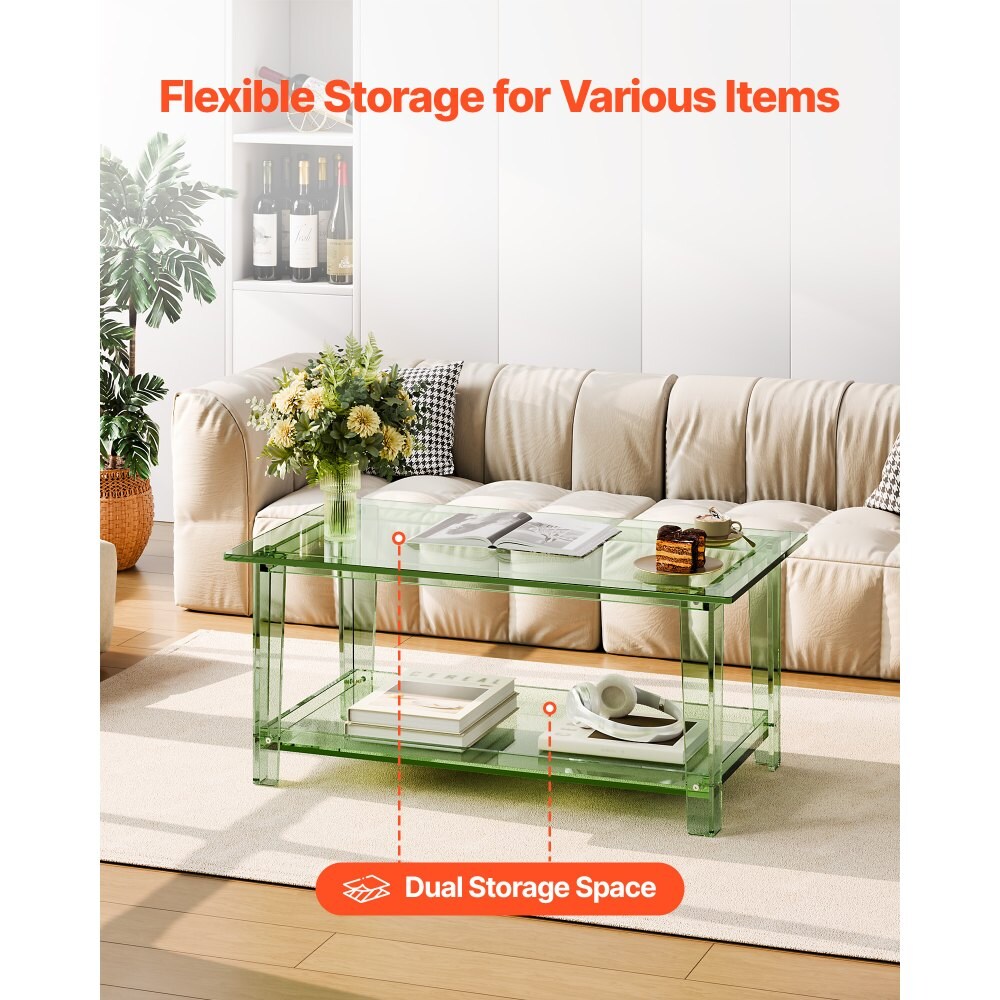 2 Tier Green Acrylic Coffee Table with Storage Shelf Modern Desk