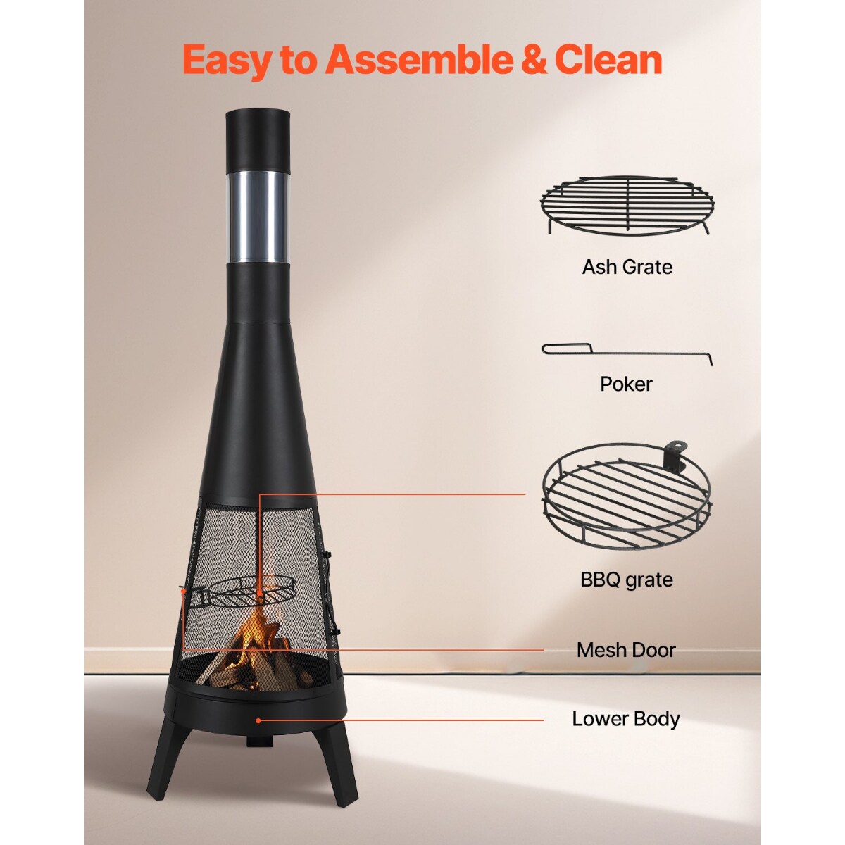 20 Inch Outdoor Chiminea Fireplace Black Iron Conical Chiminea with Grill