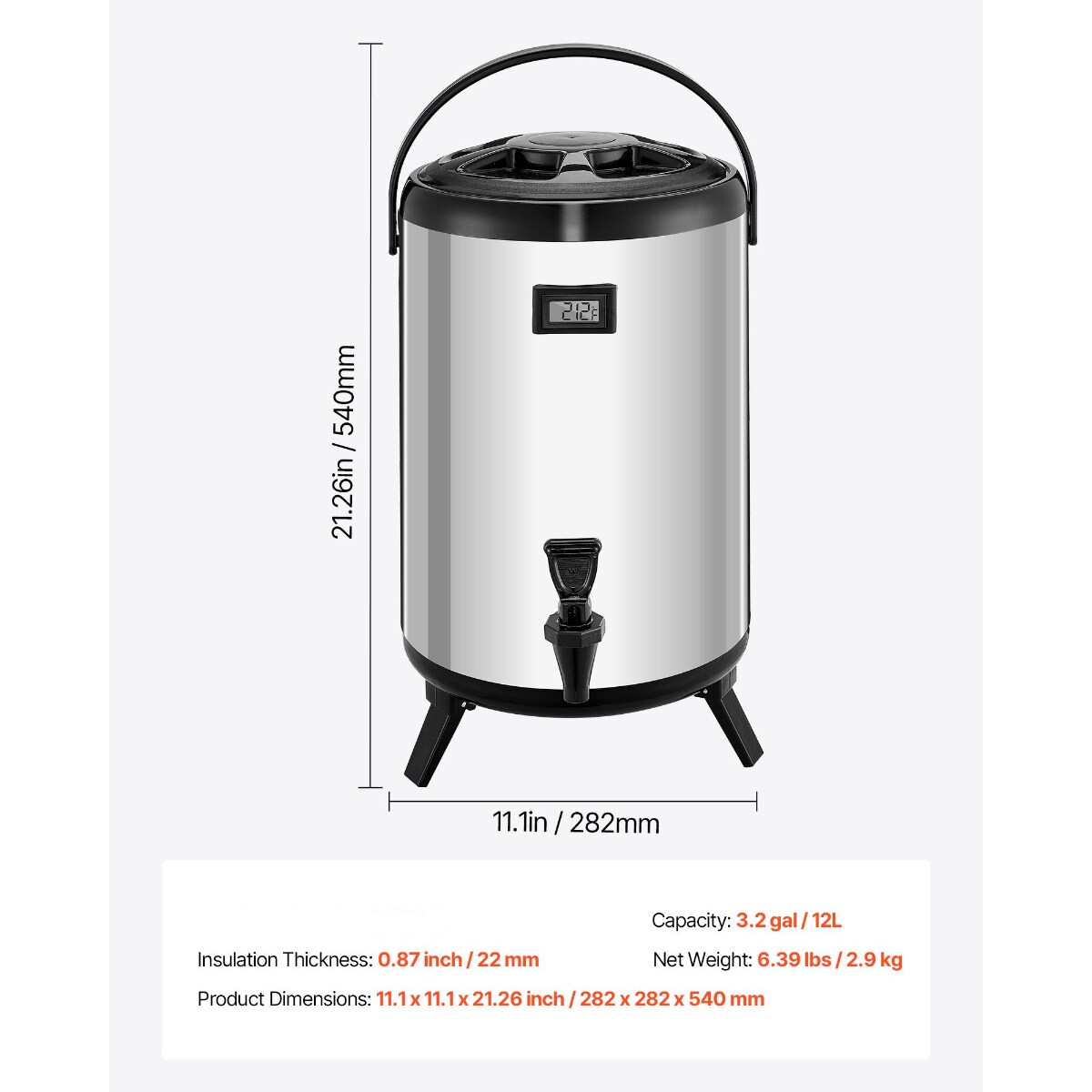 Insulated Drink Dispenser 3.2 Gal Thermal Server for Hot Cold Drinks