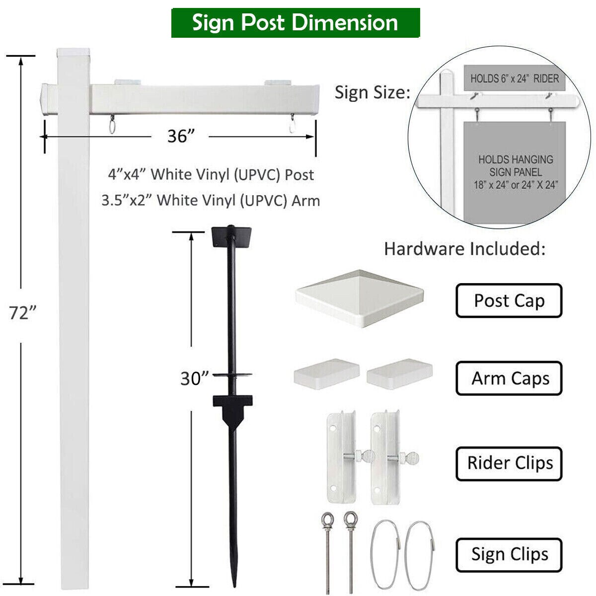 6ft UPVC Real Estate Signpost with 36" Arm Steel Power Stake, No-Dig Installation