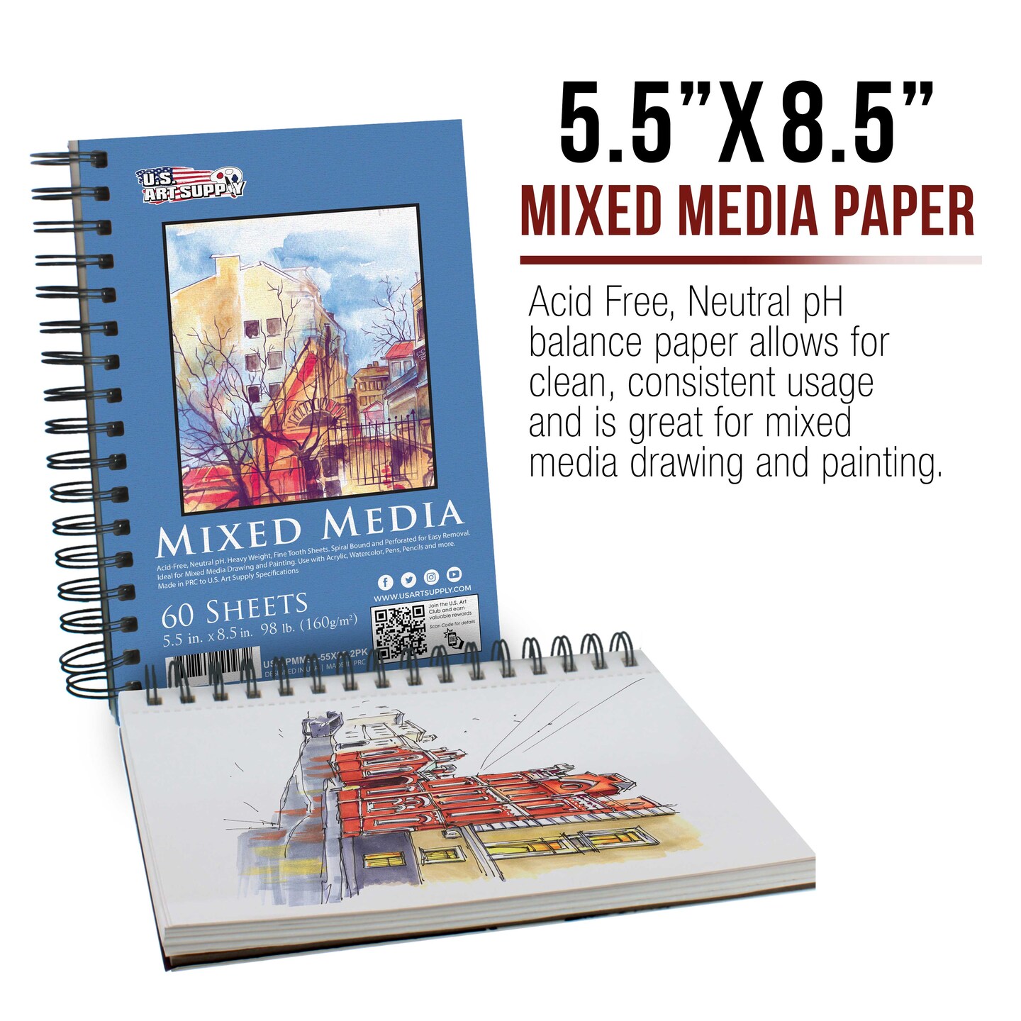 5.5&#x22;x8.5&#x22; Mixed Media Sketchbook, 2 Pack (60 Sheets), 98 lb (160 gsm) - Spiral-Bound Pad with Perforated Acid-Free Paper - Artist Sketch Book For Drawing, Painting, Watercolor