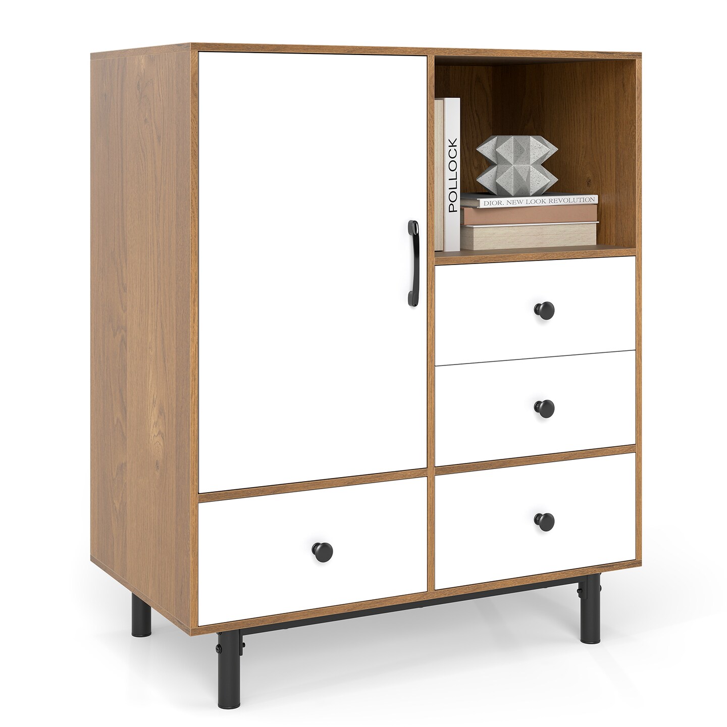 Mid Century Modern 4 Drawer Sideboard Buffet Cabinet with Door and Open Storage Shelf Natural Wood