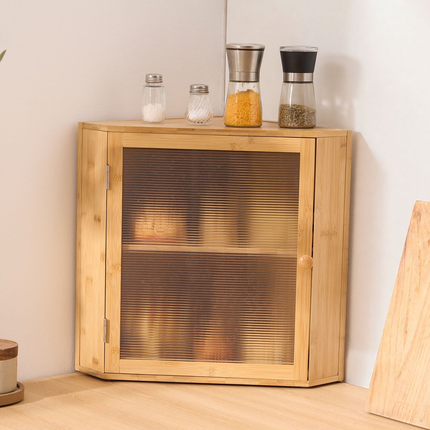 Natural Wood Wicker Corner Bread Box with Acrylic Door and Divider