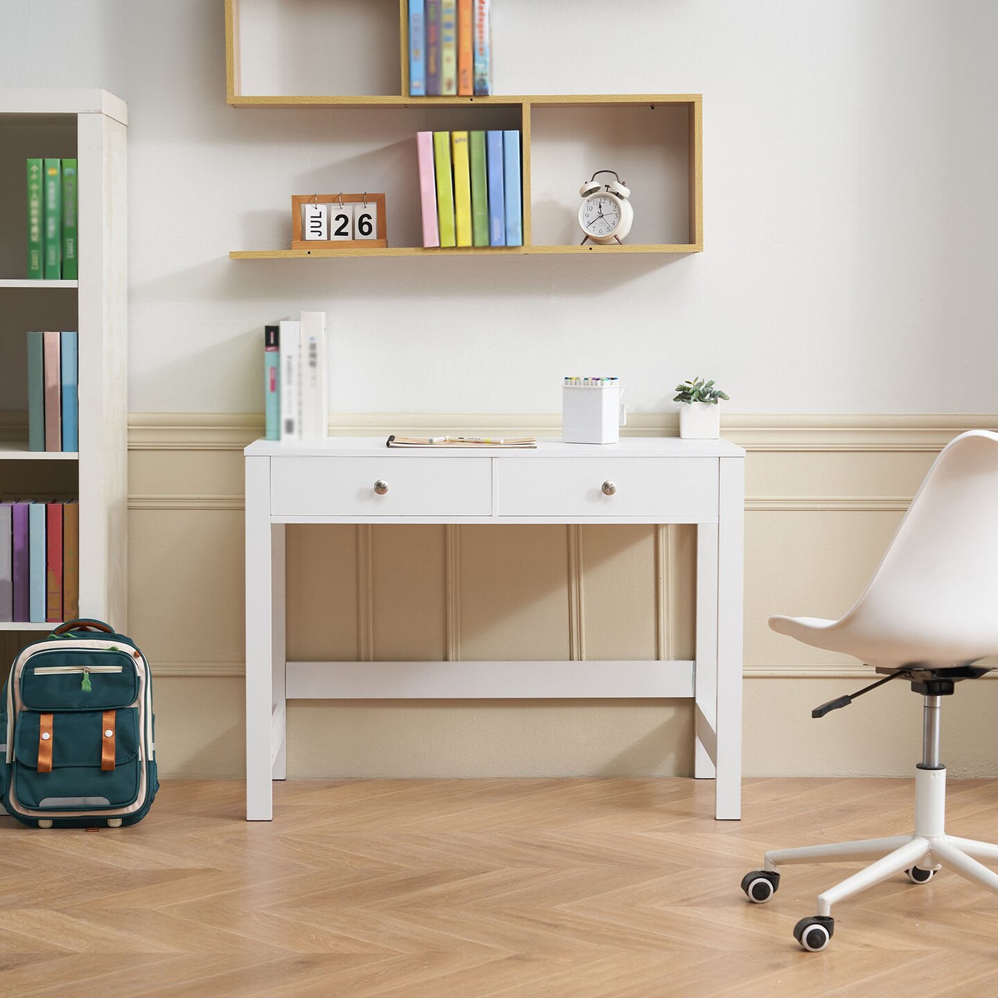 White Kids Desk with Drawers, Small Study Table for Bedroom Reading and Writing