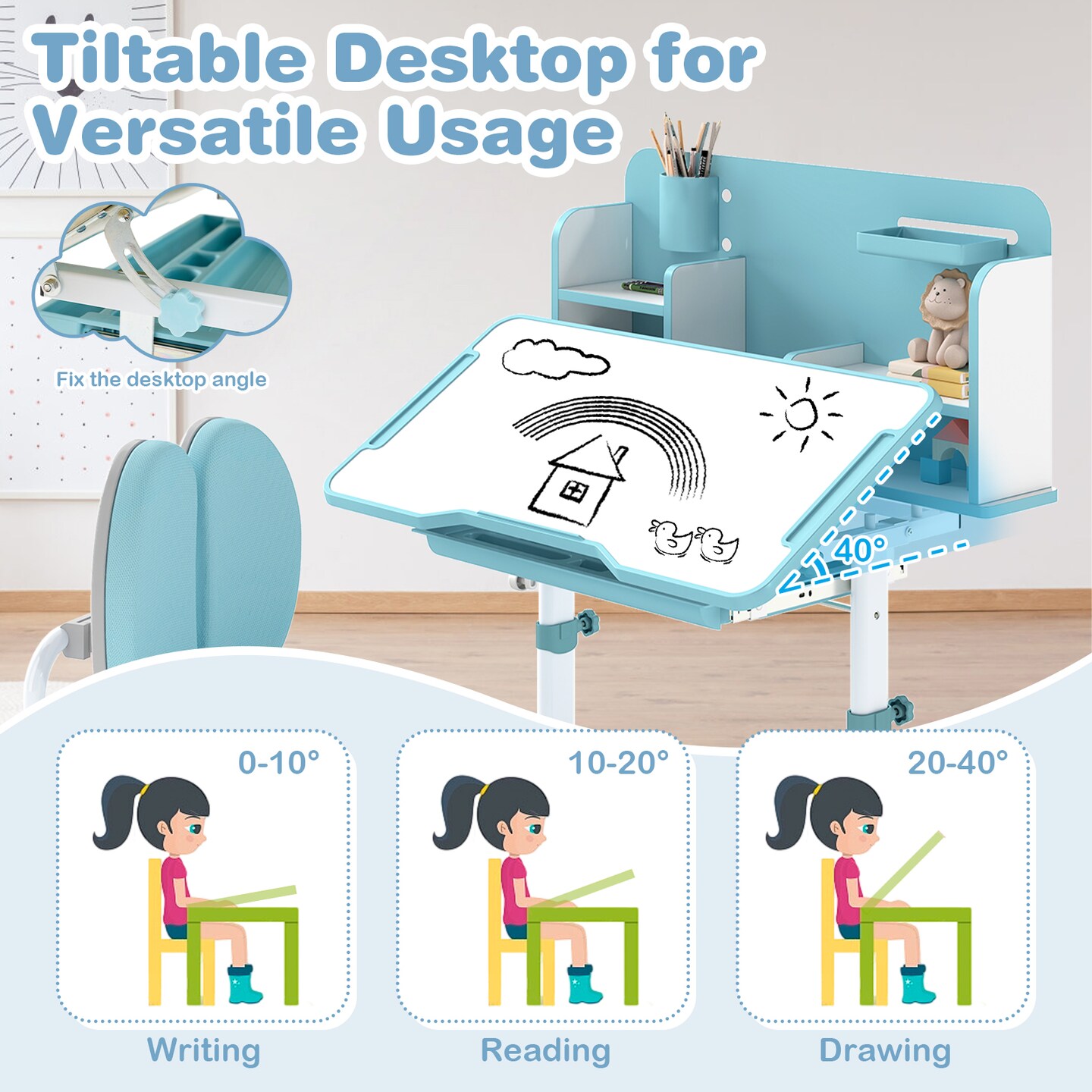 Adjustable Kids Study Desk and Chair Set with Tiltable Desktop, Storage Drawer & Reading Stand