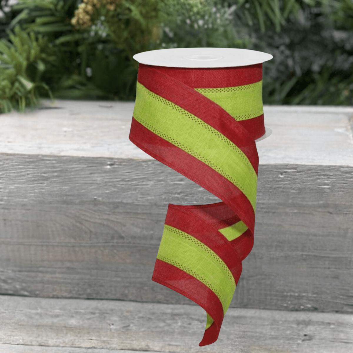 2.5&#x22; Tricolor Striped Ribbon: Red/Lime Green (10 Yards)