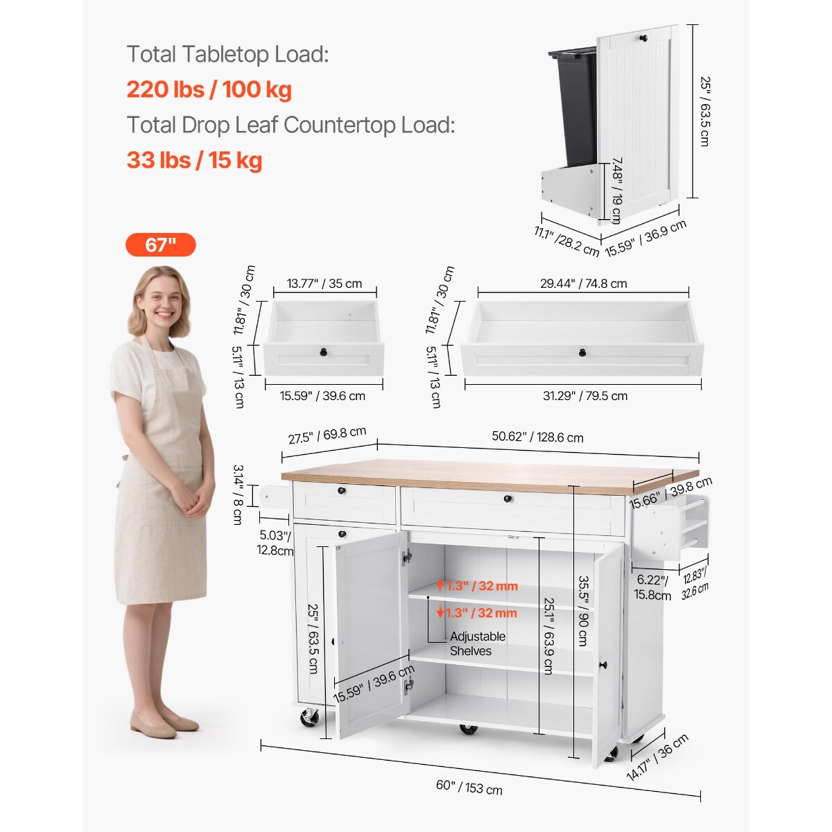White MDF Kitchen Island with Drop Leaf, Drawers and Lockable Wheels