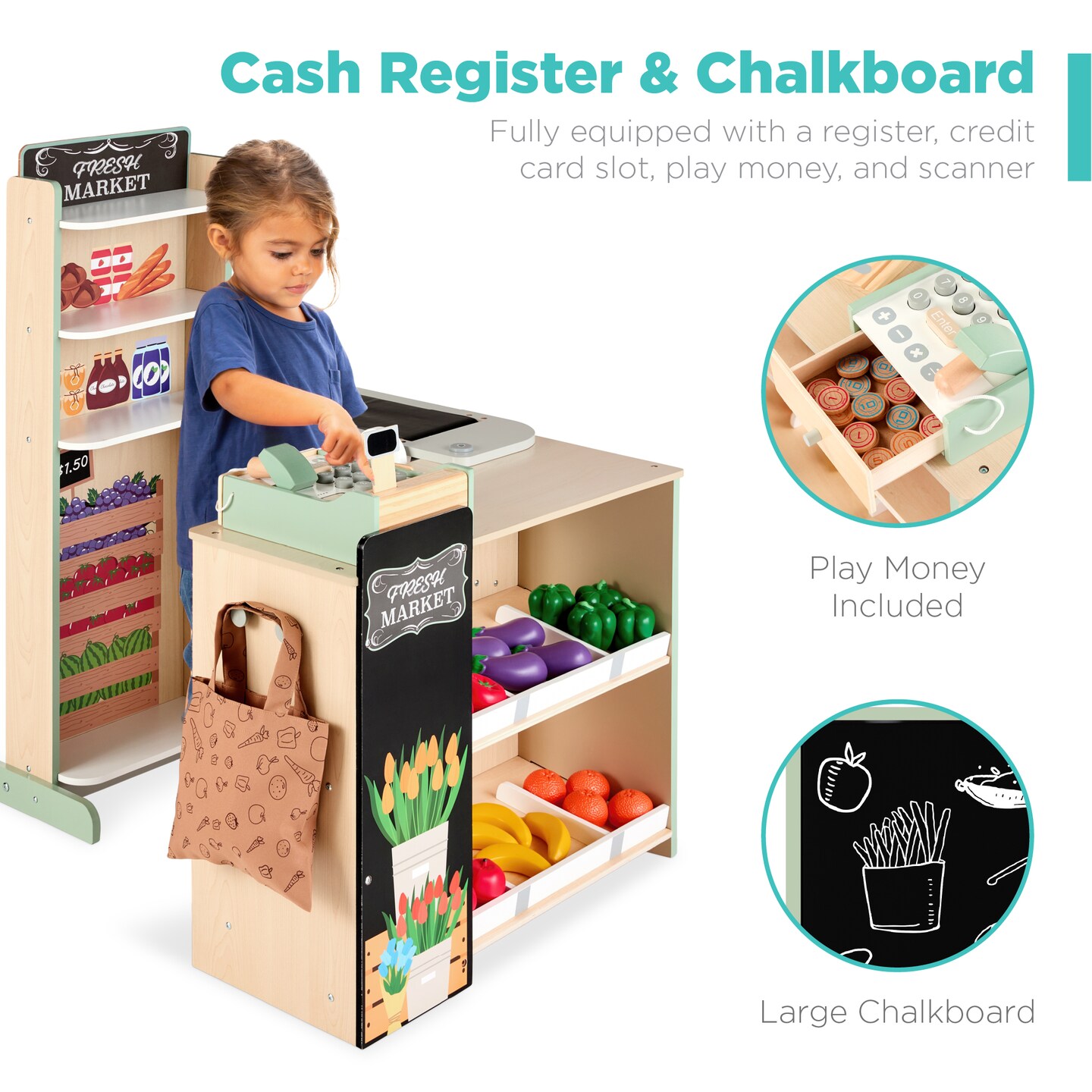 Best Choice Products Kids Pretend Play Grocery Store Wooden Supermarket Set w/ Chalkboard, Cash Register