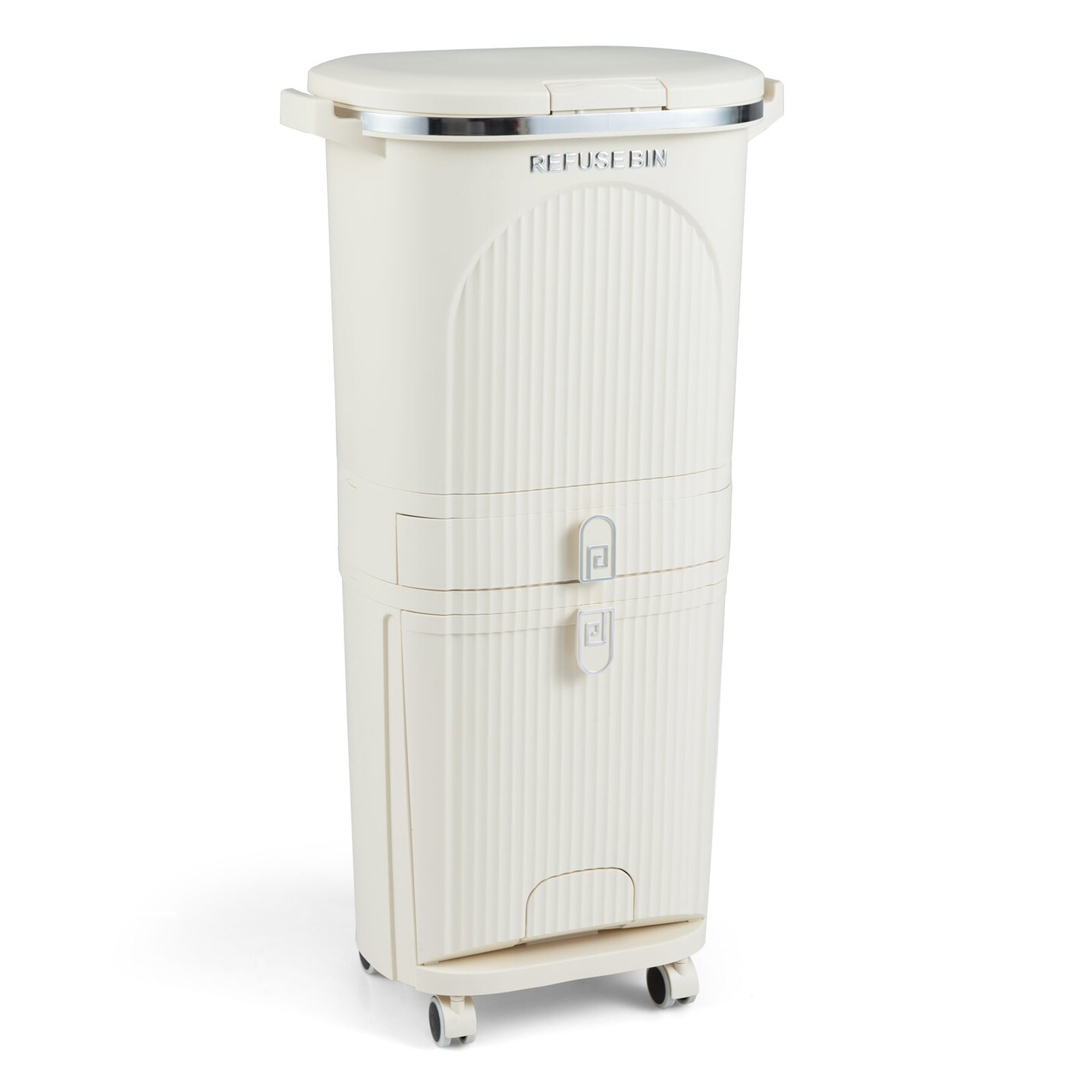 Beige PP Multi-Compartment Trash Can with Wheels, Drawer, and Step Pedal