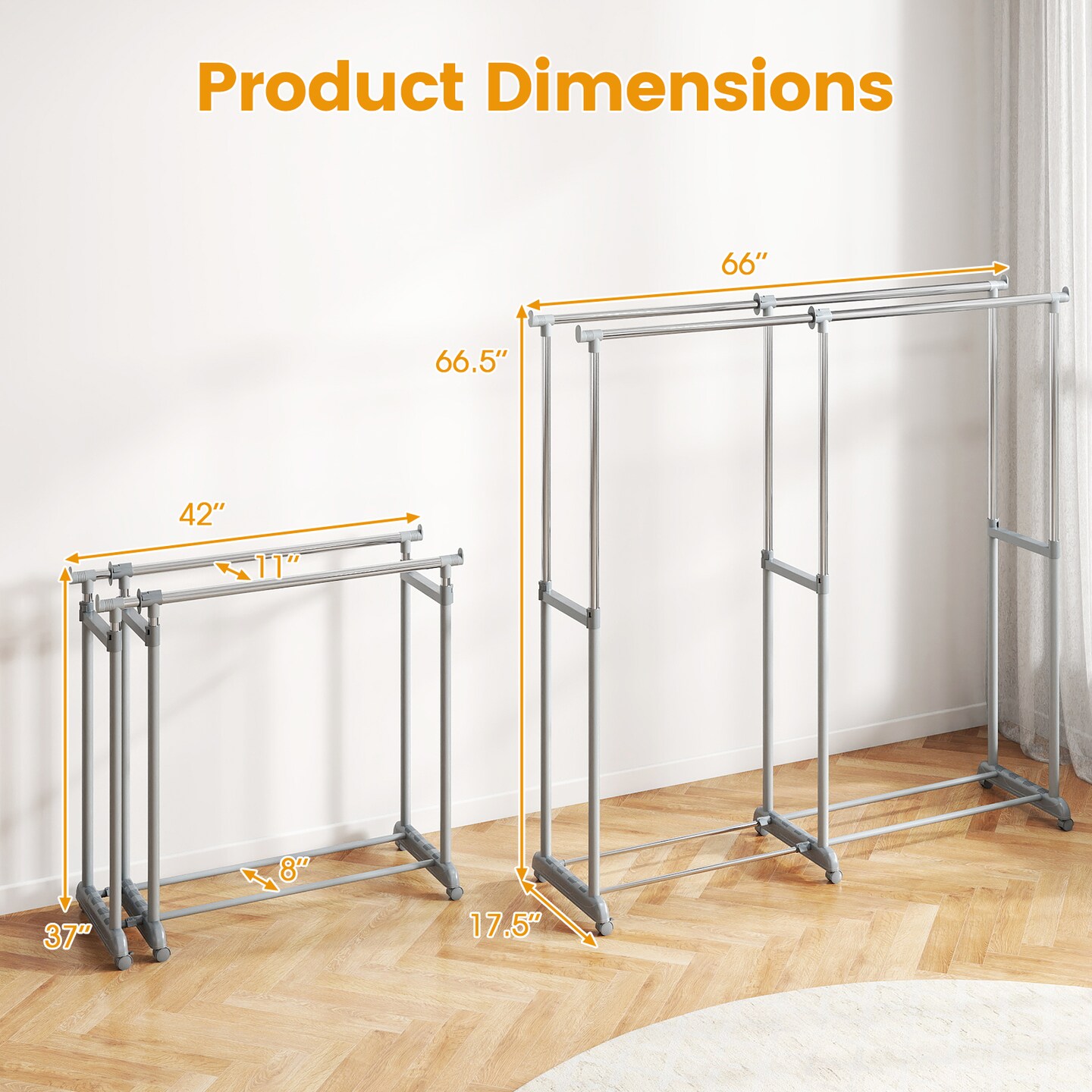 Silver Metal Adjustable Double Rod Clothes Rack with Wheels and Bottom Bars