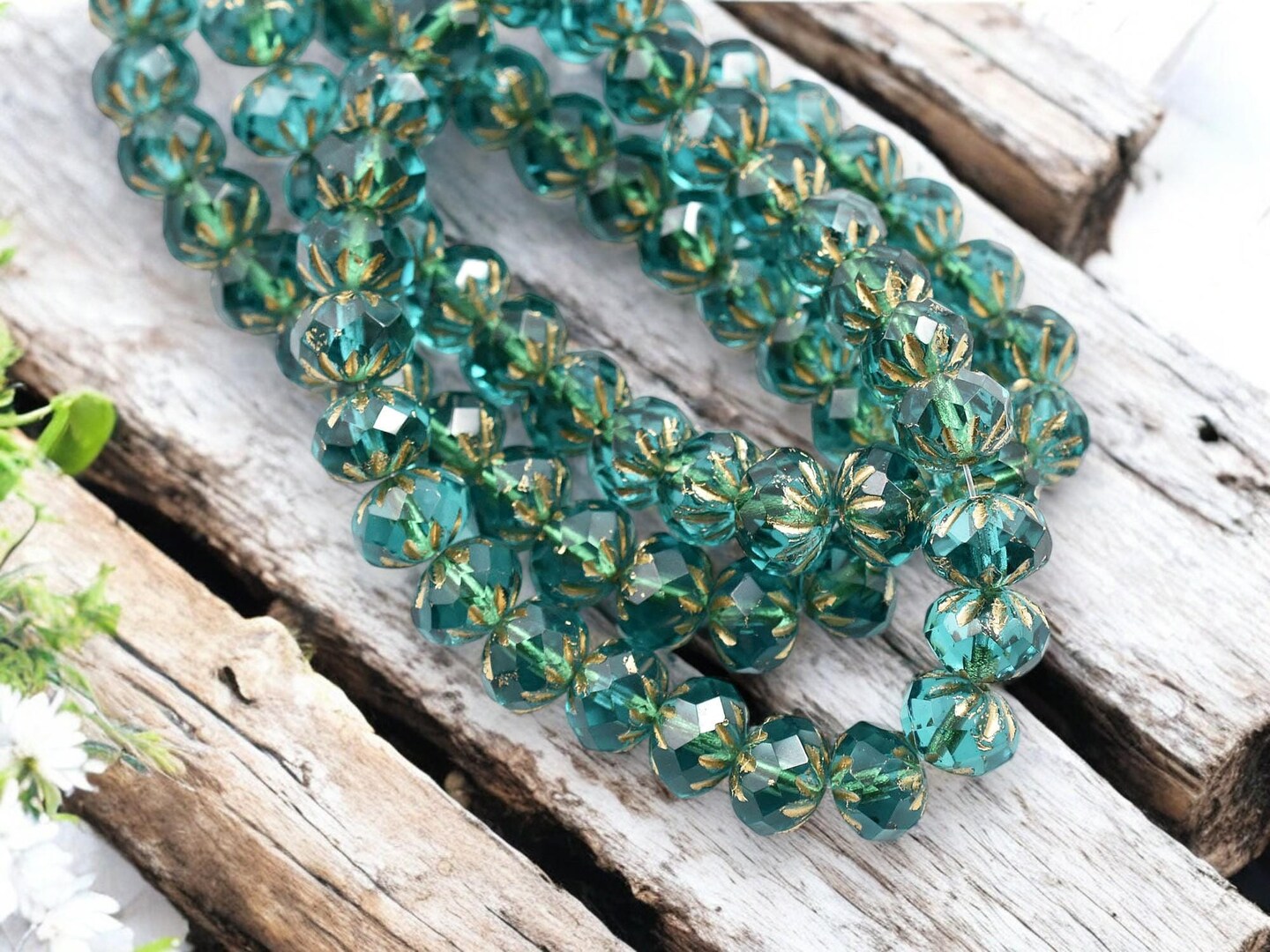 *25* 6x9mm Etched Gold Washed Matte Teal Cruller Rondelle Beads