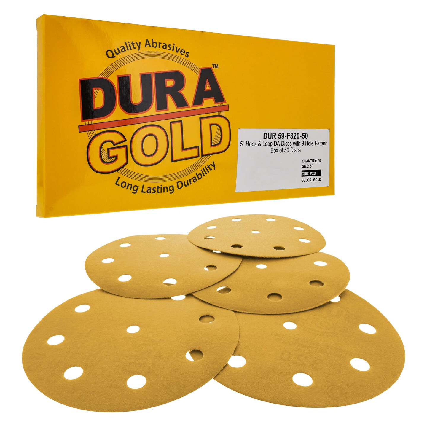 320 Grit - 5&#x22; Gold DA Sanding Discs - 9-Hole Pattern Hook and Loop - Box of 50