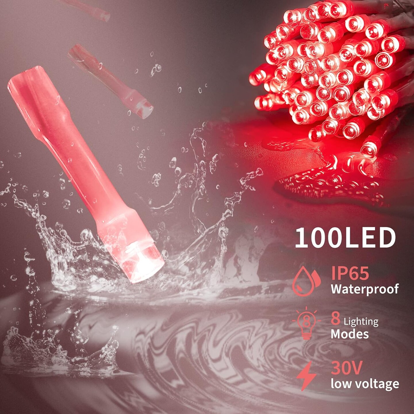 100 LED Red Christmas Lights, 8 Modes Red LED String Lights Outdoor Waterproof, Clear Wire LED Lights for Christmas,