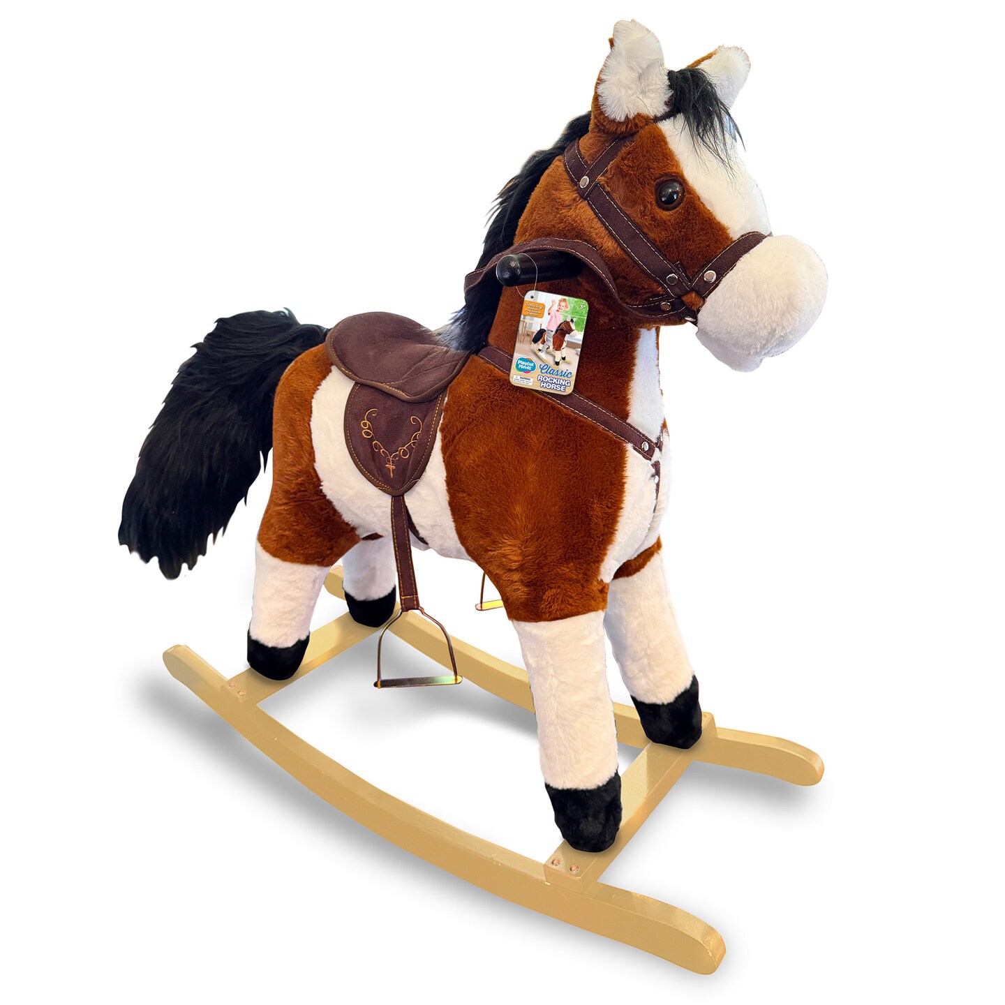 Playful Minds: Classic Rocking Horse - 29&#x22; Soft Stuffed Ride-On Pony, Sound Effects, Animated Tail &#x26; Mouth, Saddle-Bridle-Reigns, Wood Base, Kids 3+