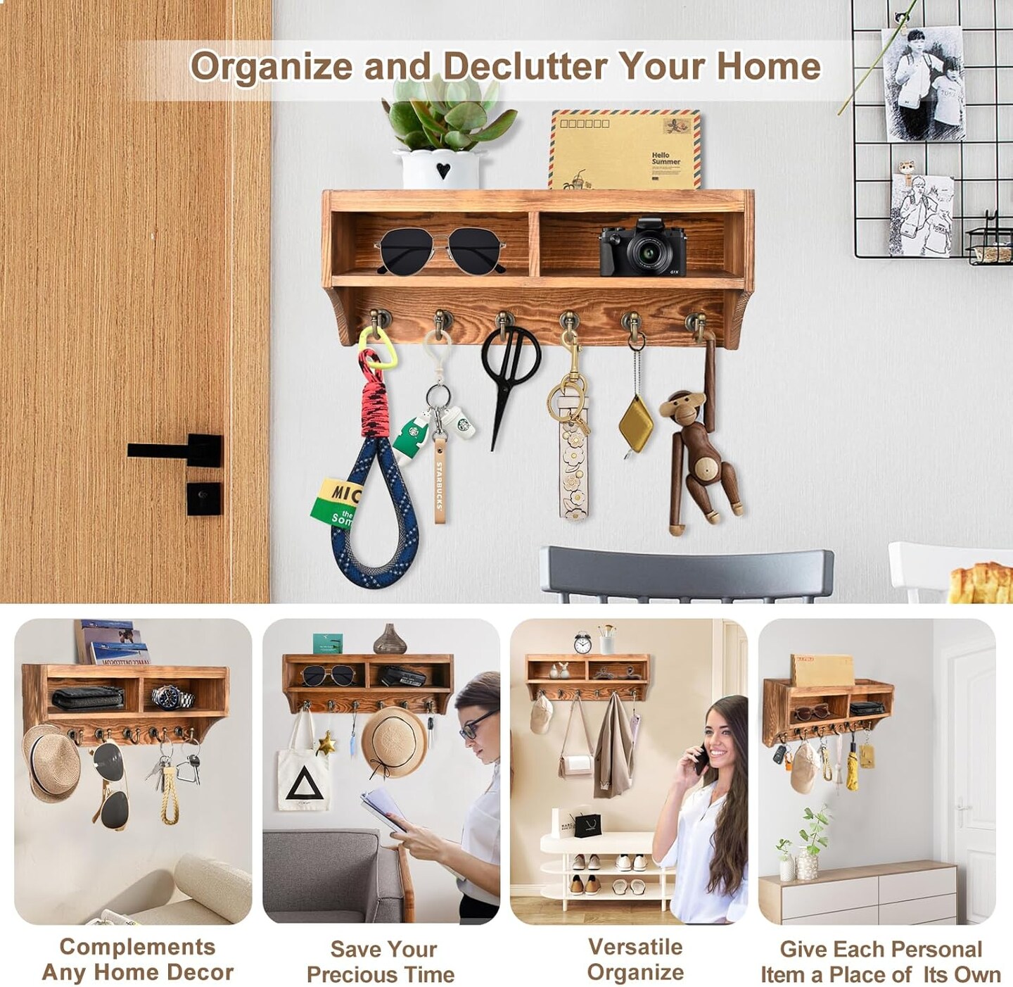 Key Holder Wall Mount - Mail Organizer Wall Mount with 6 Key Hooks and Storage Box for Sunglasses Storage and Dog Leash Holder Home Decor Rack Apartment Essentials Farmhouse Shelf Entryway Organizer