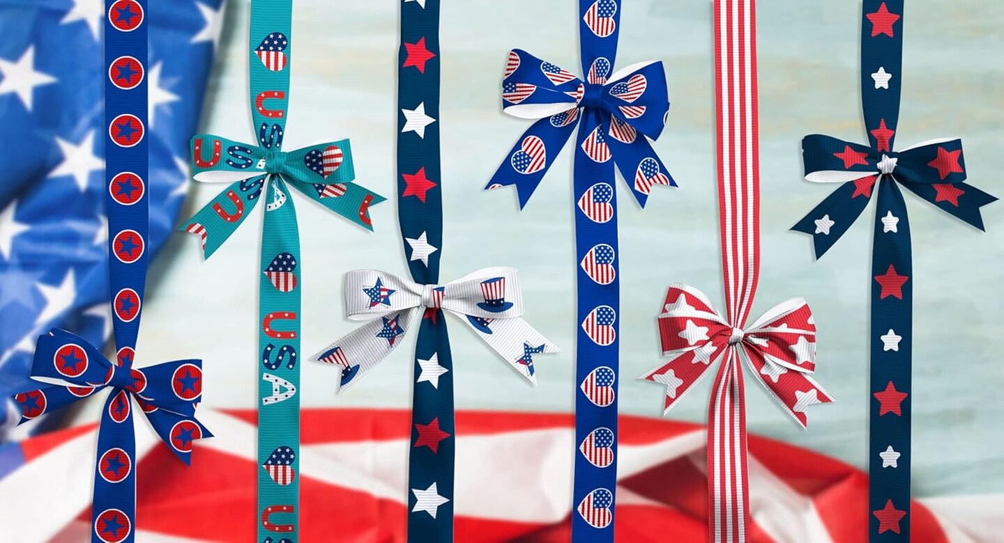 Patriotic Grosgrain Ribbon, 8 Pack (3/8 Inch x 3 Yards Each), American Flag Ribbon, USA Stars Stripes Heart Pattern Ribbons for 4th of July