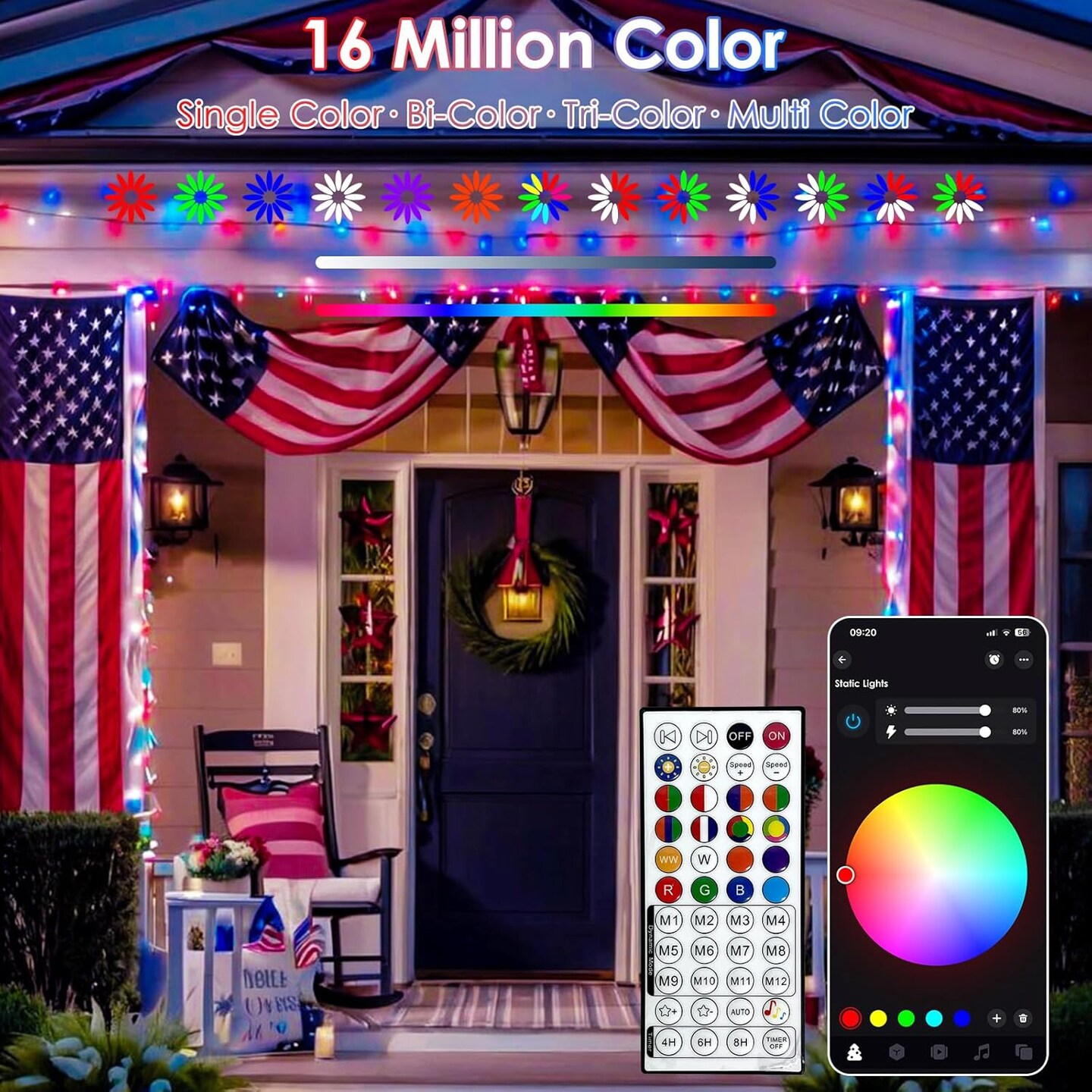 Red White and Blue String Lights, Color Changing Smart RGB Christmas Lights with Remote &#x26; App Control &#x26; Timer, Music Sync Multiple Modes 66ft 200 LED Twinkle Light Indoor Outdoor
