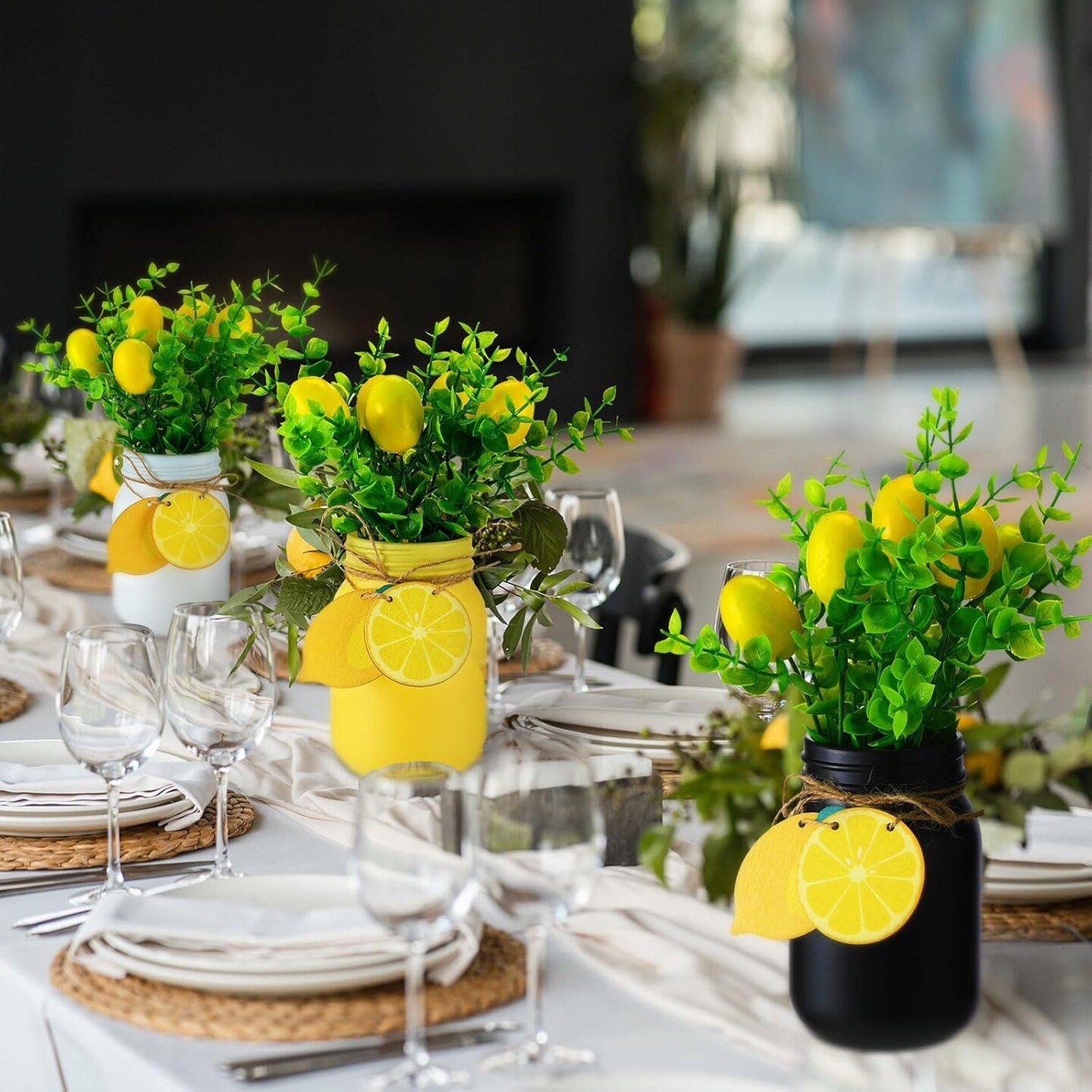 3 Pcs Lemon Kitchen Decor and Accessories Summer Farmhouse Mason Jar Table Centerpieces with Fake Plants Wooden Lemon Sign Garland Wooden Bead Twine for Tiered Tray Decor for Table Home