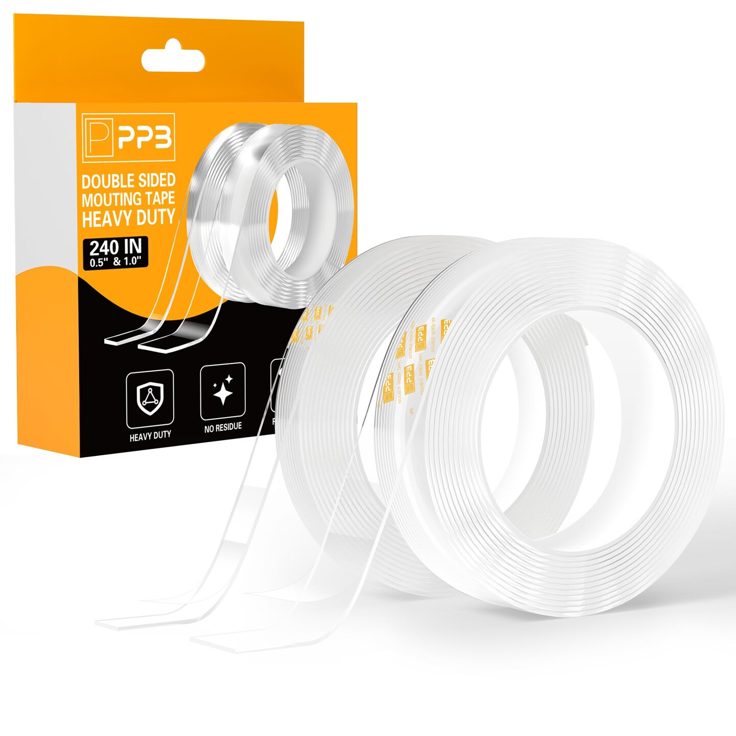 2 Rolls Double Sided Tape Heavy Duty - 240&#x22; x 1.0&#x22; &#x26; 0.5&#x22; - Removable Mounting Tape for Poster Picture Hanging Carpet Strip Rug Wall Outdoor - Clear &#x26; Strong Nano Tape Adhesive Multipurpose - 20 Feet