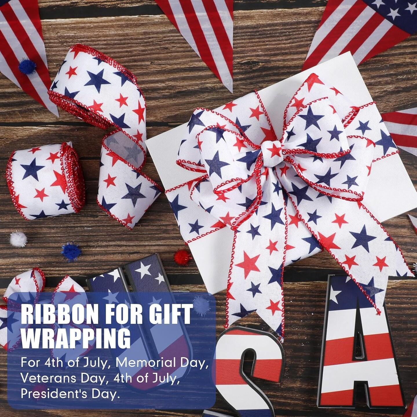 2 Rolls 20 Yards Red White Blue Ribbon Independence Day Stars Flag 4th of July Patriot Ribbon Memorial Day Decor Fabric Patriotic Patriot Labor for Party Decoration