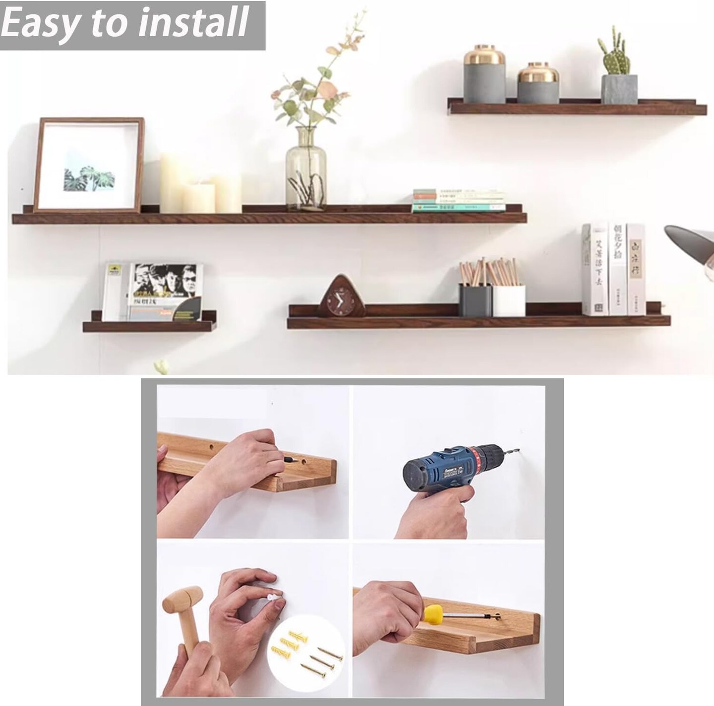 2Pcs Small Brown Solid Wood Floating Shelves Wall Storage Rack with Ledges Books