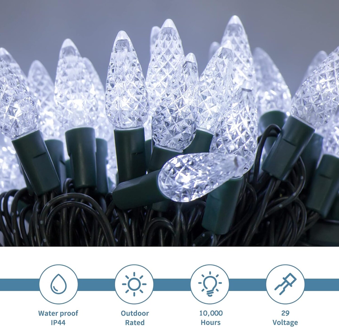 C6 Christmas Lights, 33ft 100 LED Faceted String Lights Green Wire Fairy Lights with 29V Safe Adaptor, 8 Lighting Mode