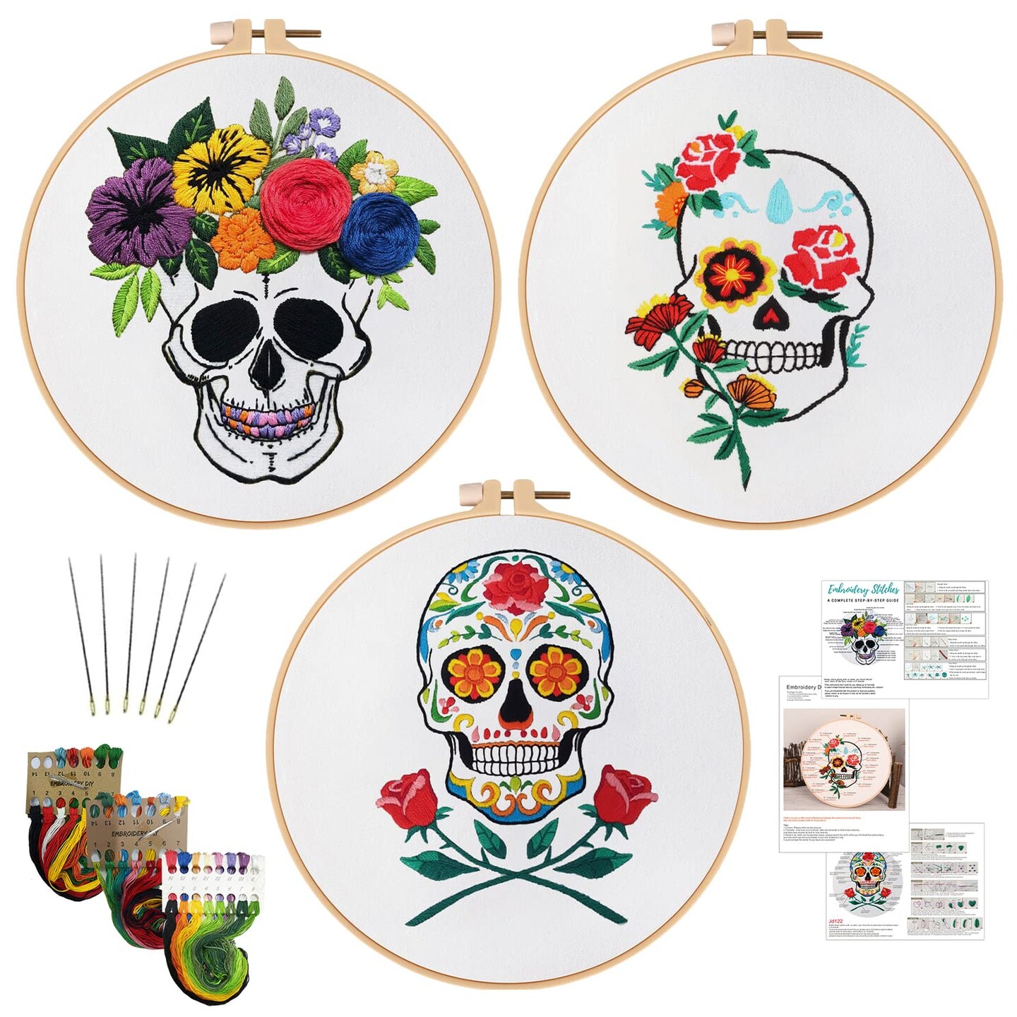 Nuberlic 3 Pack Halloween Skull Embroidery Kit for Adults Beginner Cross Stitch Kits for Starters with Skull Patterns Include 3 Hoop Cloth Thread Needles and Instructions