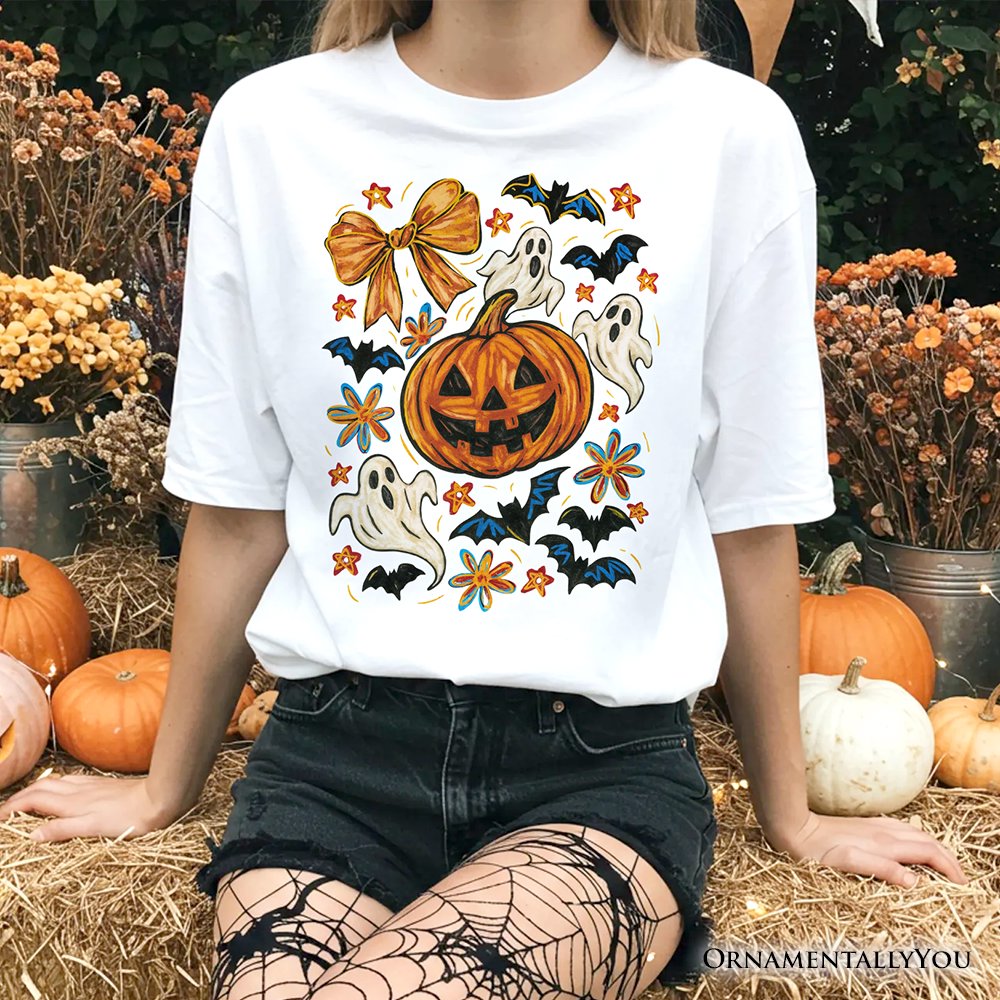 Pumpkin Ghosts Coquette Bow T-Shirt, Retro Fall Spooky Tee for Cute Trick-or-Treaters