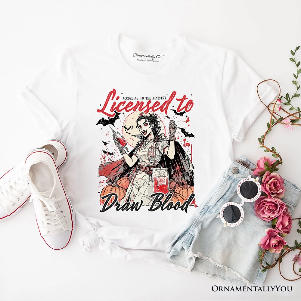 Licensed to Draw Blood Halloween Nurse T-Shirt, Groovy Tee for Spooky Season