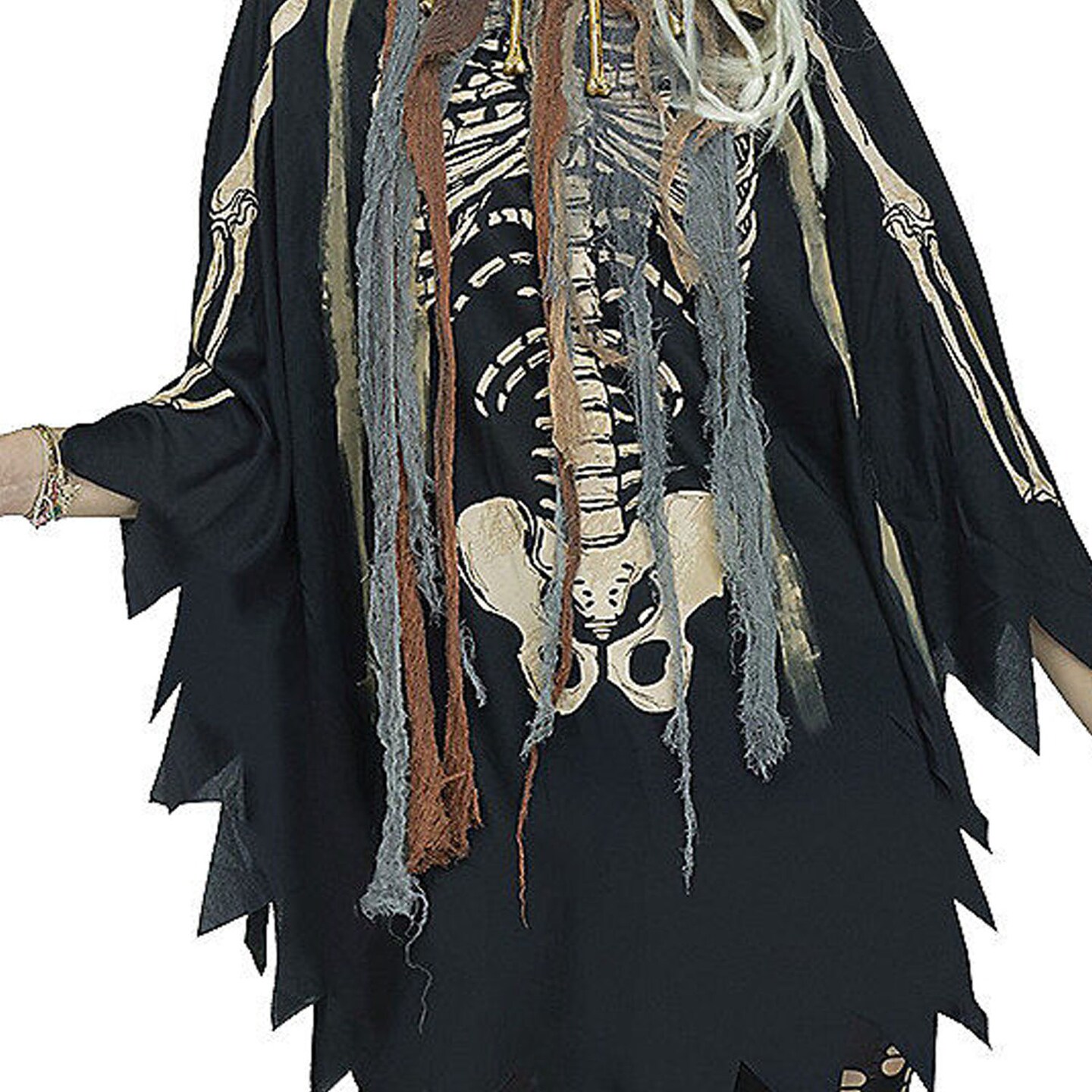Adult Voodoo Poncho Costume Skeleton Print Torn Fabric Halloween Outfit