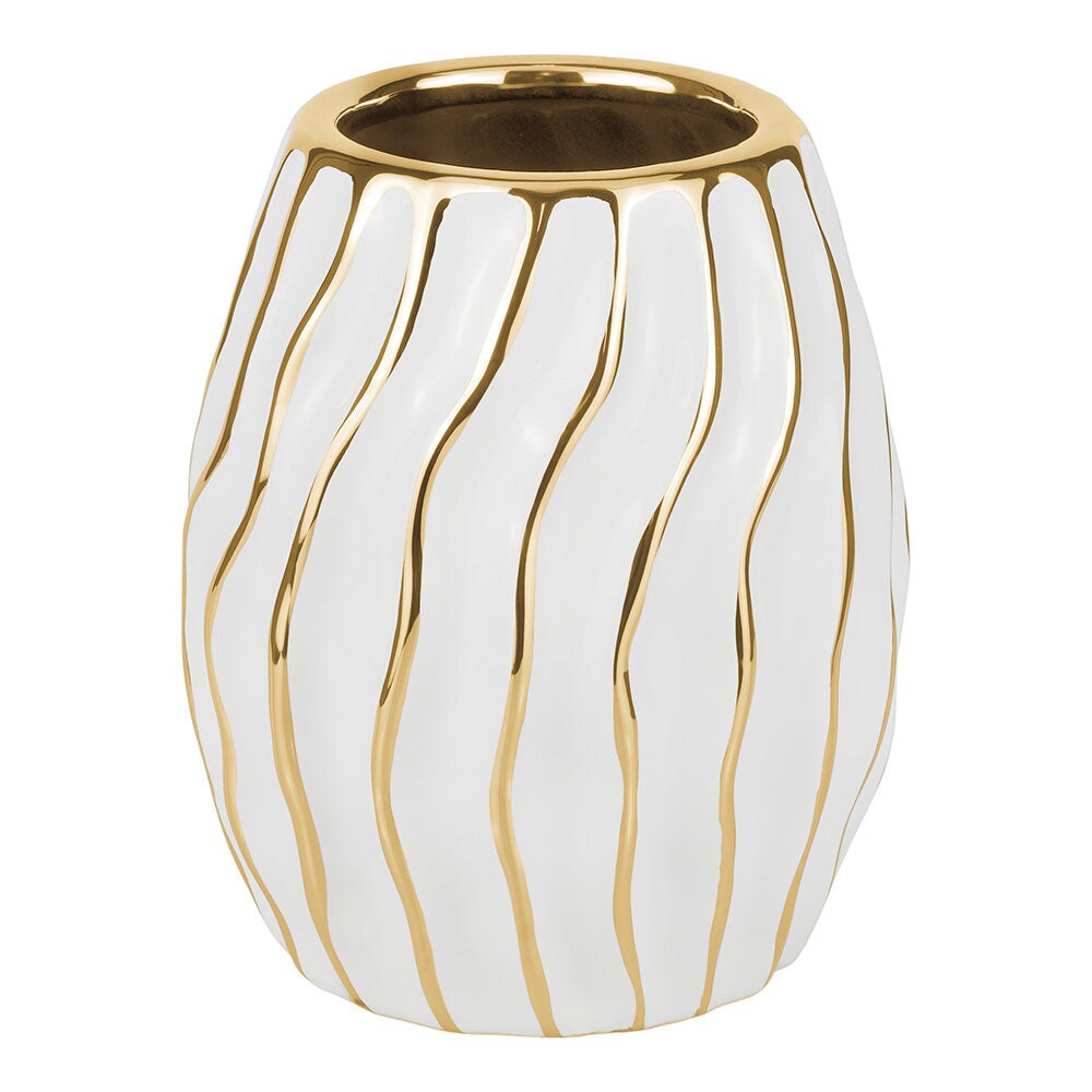 White Porcelain Short Vase with Gold Wavy Design By Kinor Decor