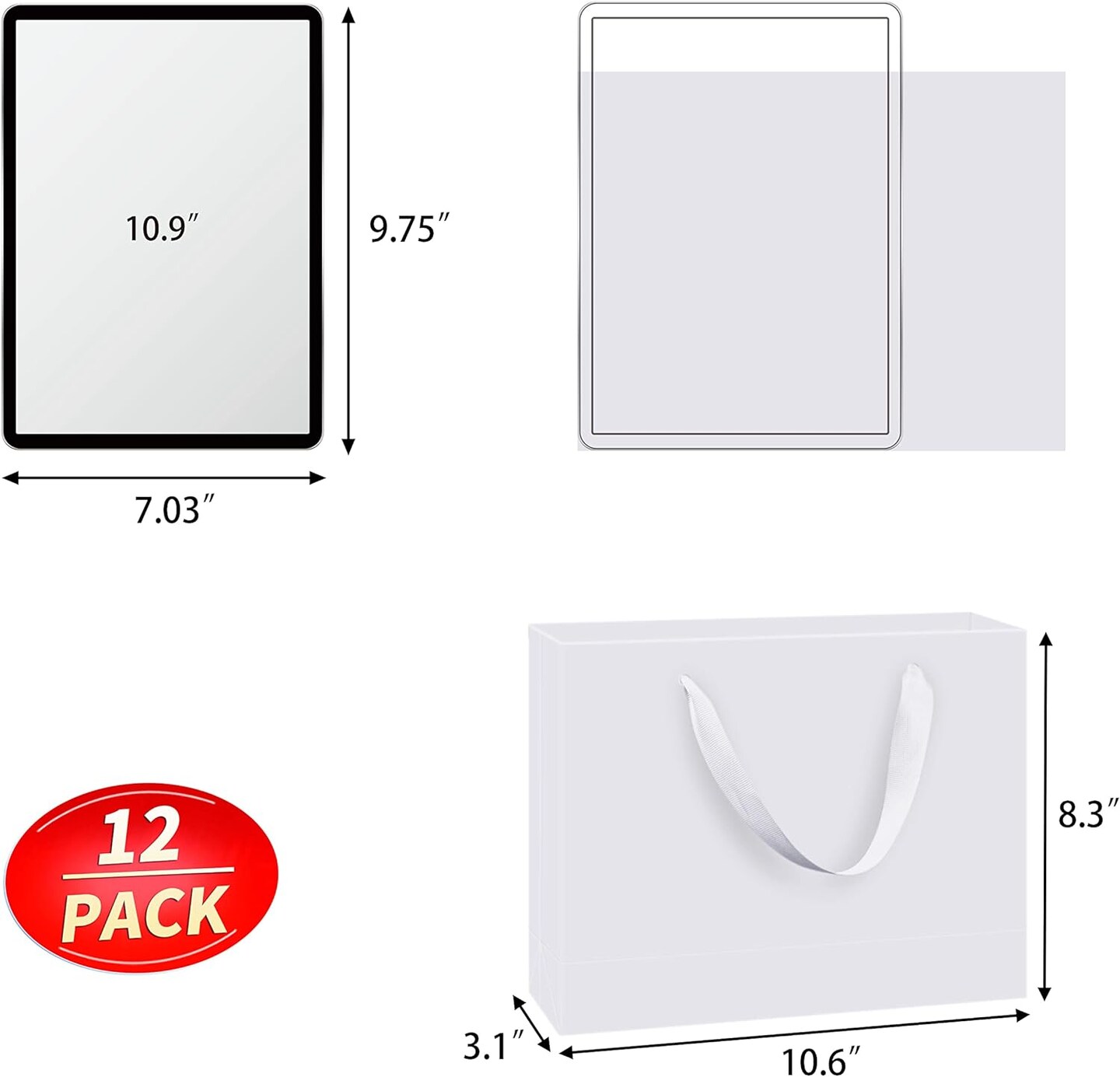 12 Pack White Gift Bags with Ribbon Handles, Medium Size, Reinforced Bottom