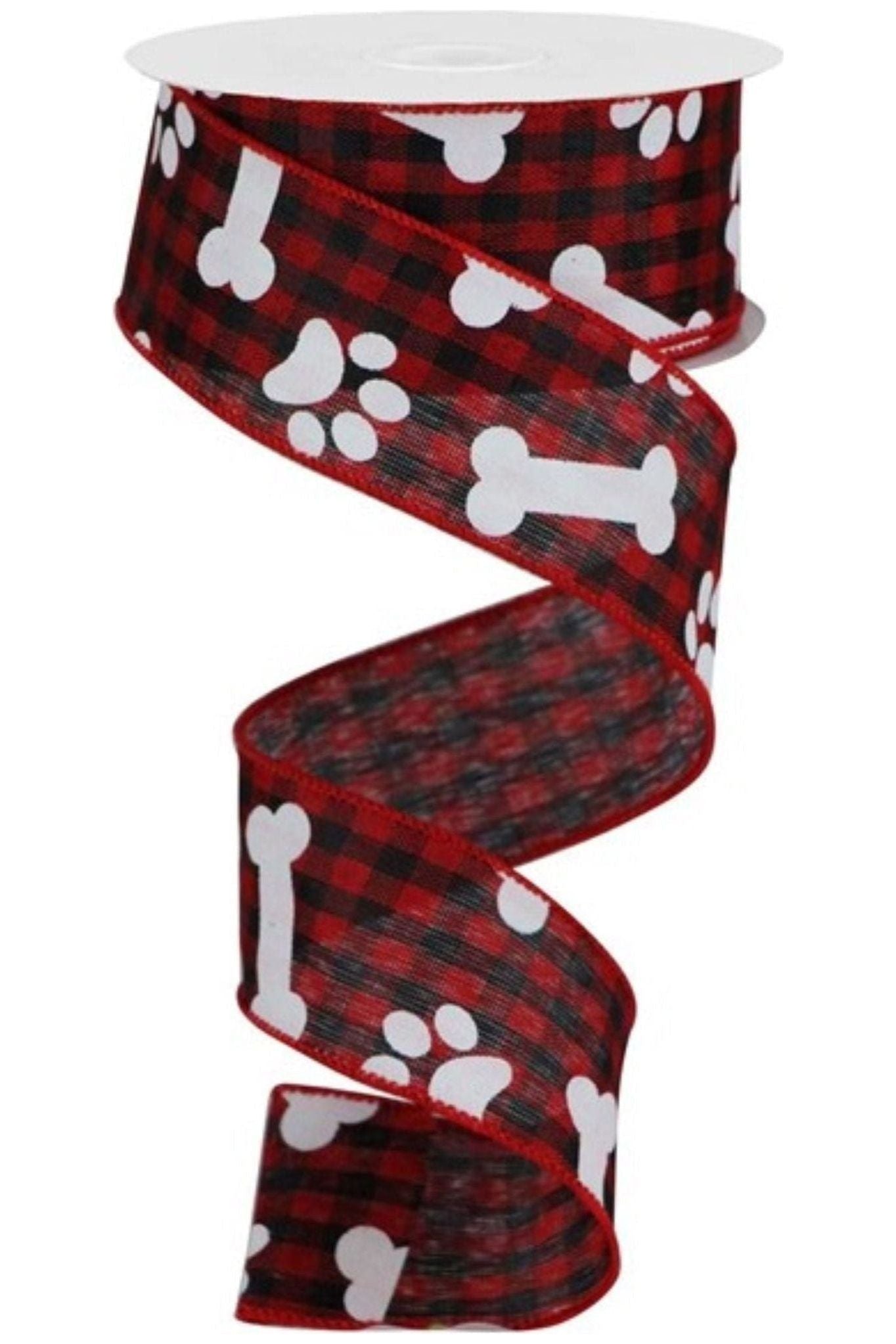 1.5&#x22; Paw Print Bone Check Ribbon: Red/Black (10 Yards)