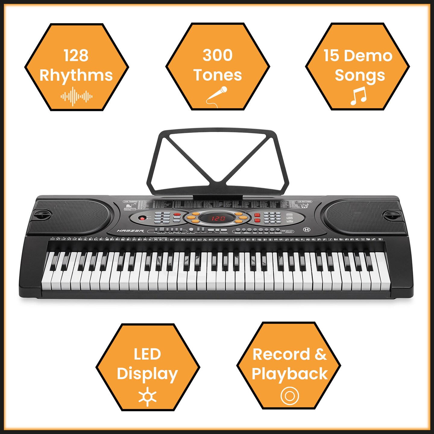 Hamzer 61 Key Digital Keyboard Piano for Beginners, Electronic Piano Keyboard Kit with Stand, Stool, Headphones, Microphone, Keynote Stickers