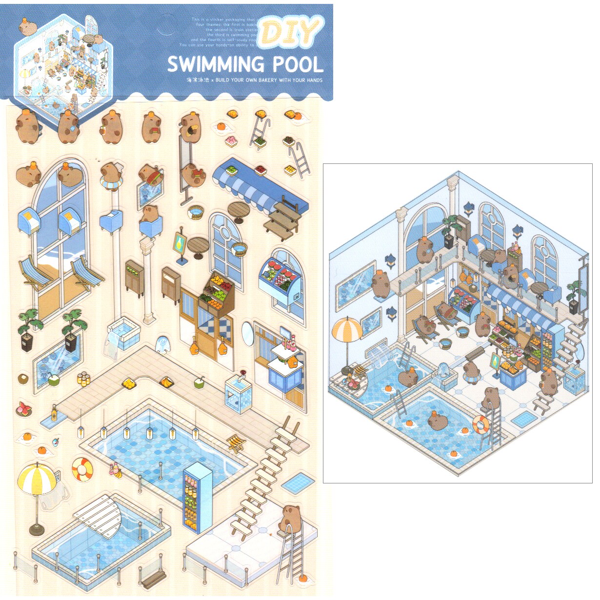 Capybara Pool Party Room Scene Stickers, Cute Isometric Set, Adorabilities