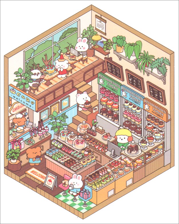 Isometric Room Stickers, Cute Animal Bakery Scene, Adorabilities