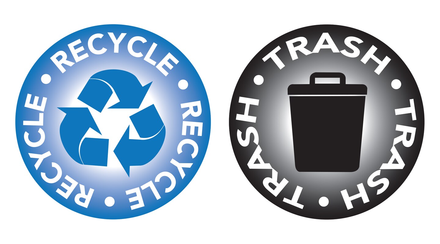 Sign Decals Blue Recycle And Black Trash, 4" Diameter, 2 Count